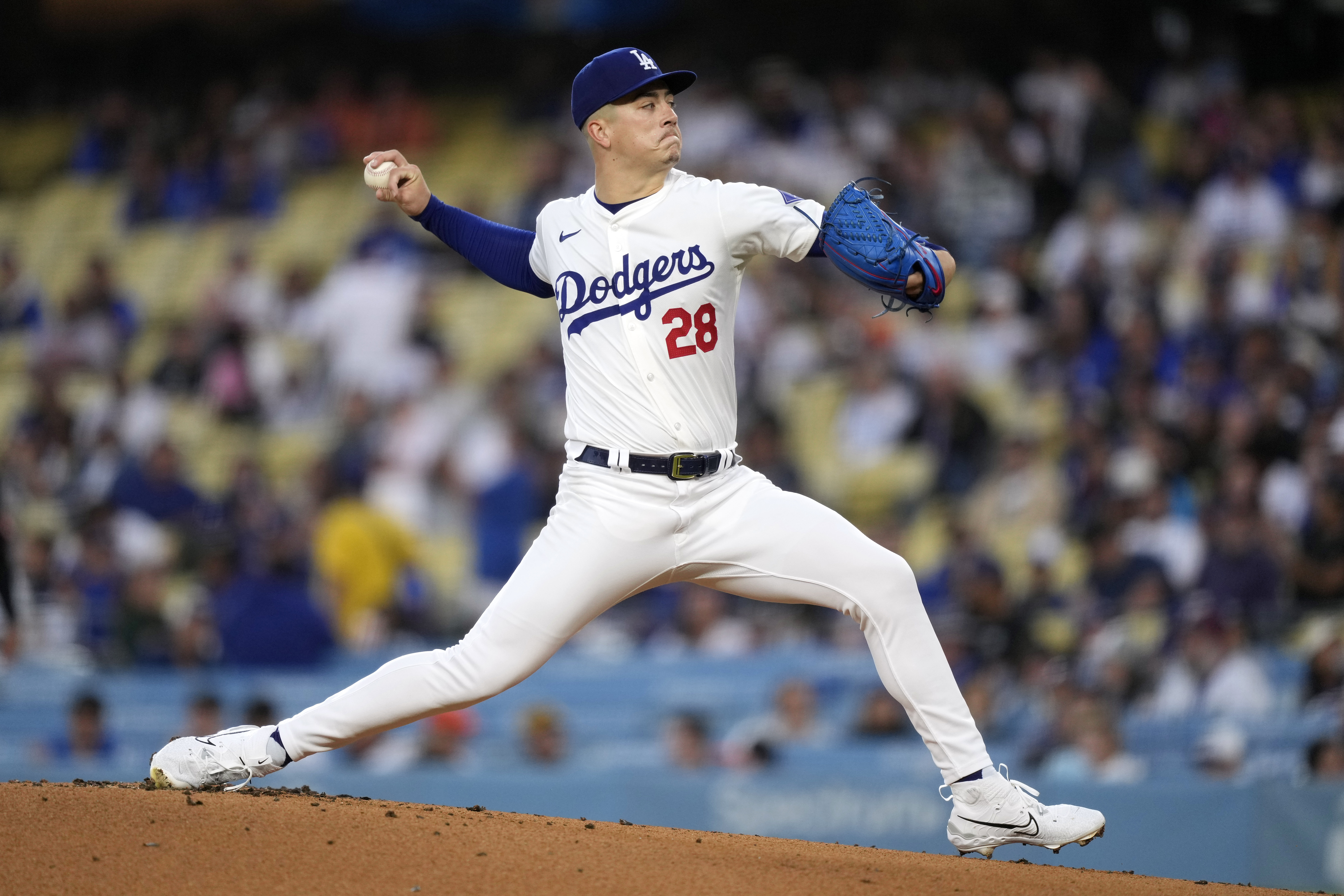 Los Angeles Dodgers starting pitcher Bobby Miller throws to the plate during the first inning of a baseball game against the Baltimore Orioles Thursday, Aug. 29, 2024, in Los Angeles. 