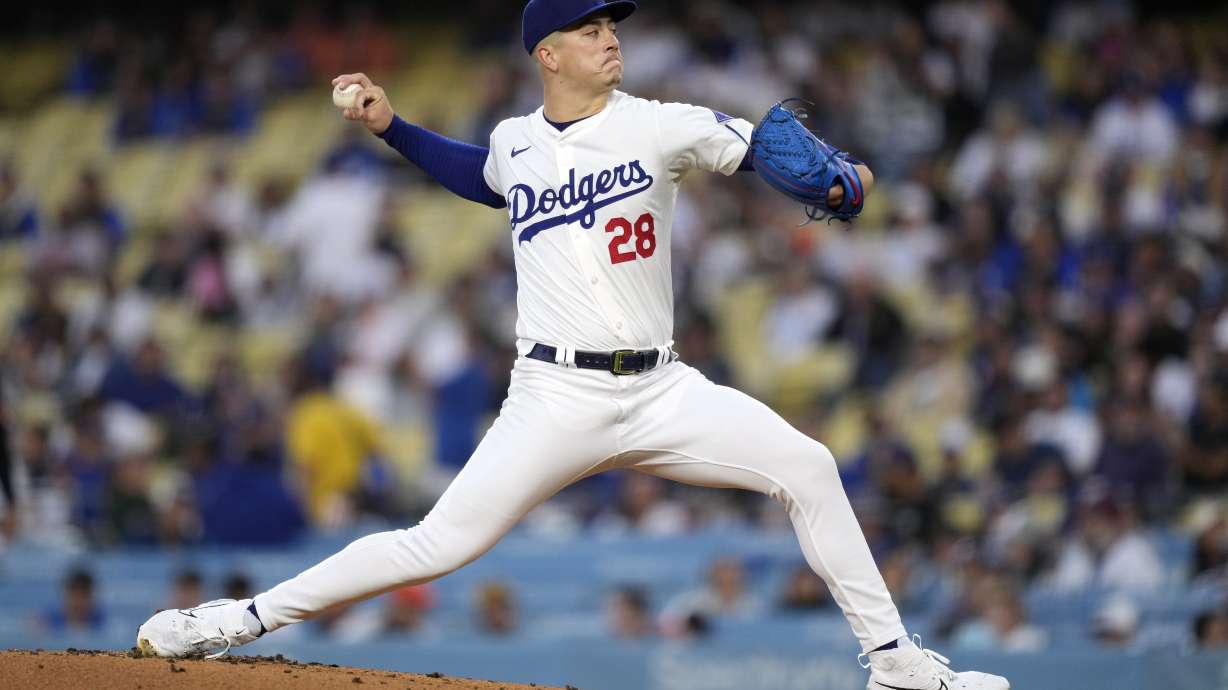 Los Angeles Dodgers starting pitcher Bobby Miller throws to the plate during the first inning of a baseball game against the Baltimore Orioles Thursday, Aug. 29, 2024, in Los Angeles.