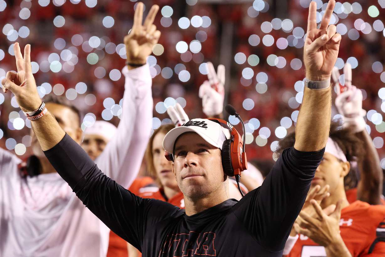 Coach Morgan Scalley honors former teammates in Salt Lake City on Thursday, Aug. 29, 2024. Utah won 49-0.