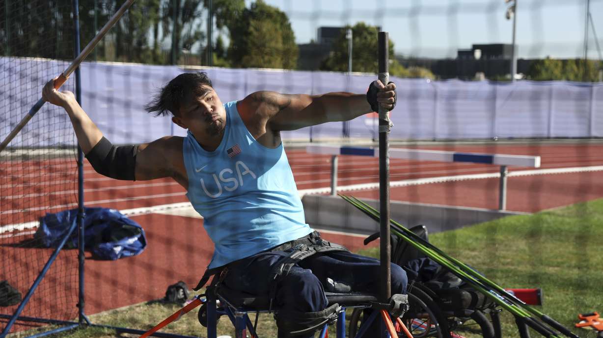 Justin Phongsavanh of the U.S. throws his javelin at the U.S. High Performance Center during the Paralympic Games in Paris on Wednesday, Aug. 28, 2024.