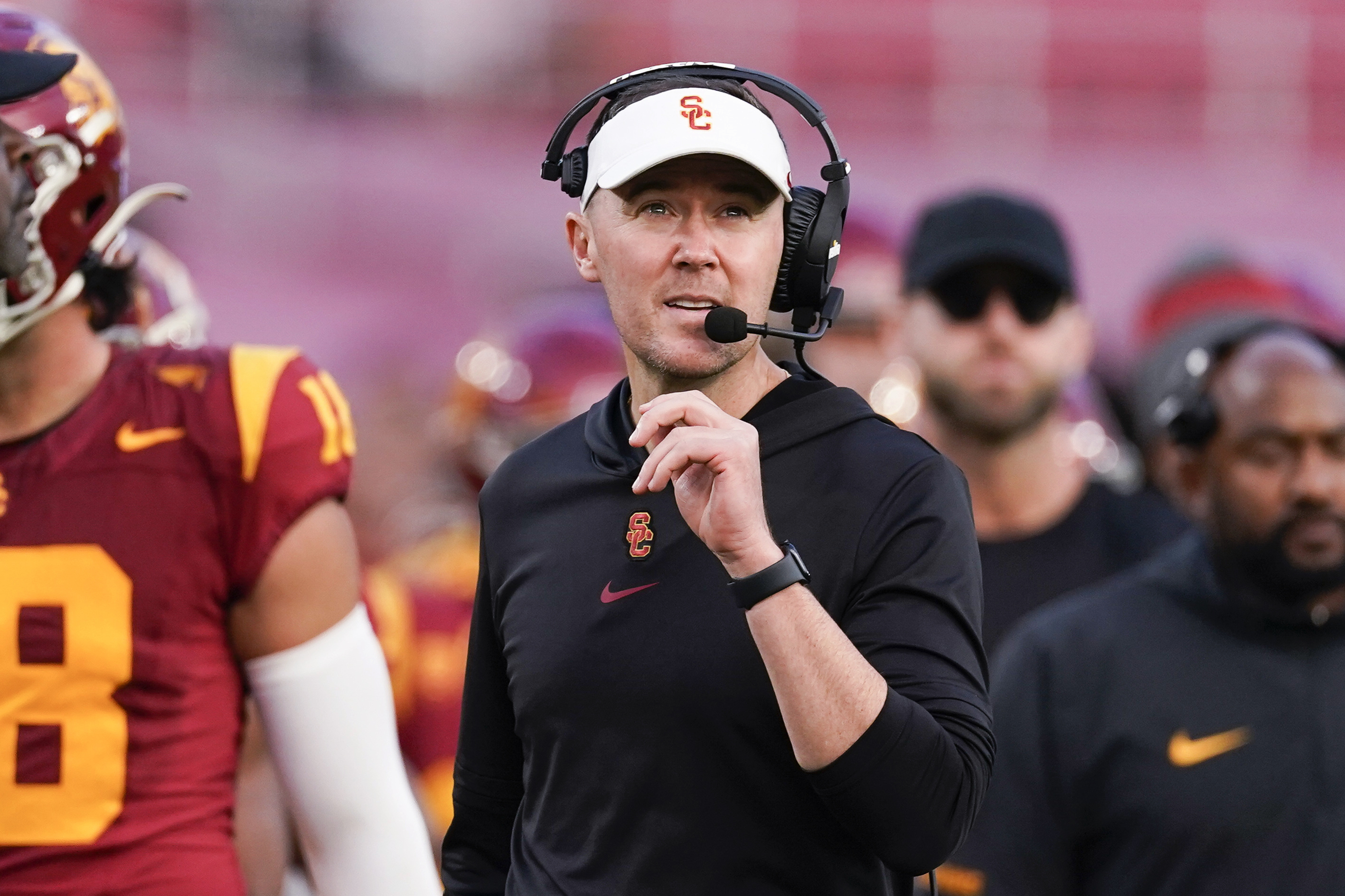 FILE - Southern California coach Lincoln Riley watches during the second half of the team's NCAA college football game against UCLA, Nov. 18, 2023, in Los Angeles. 