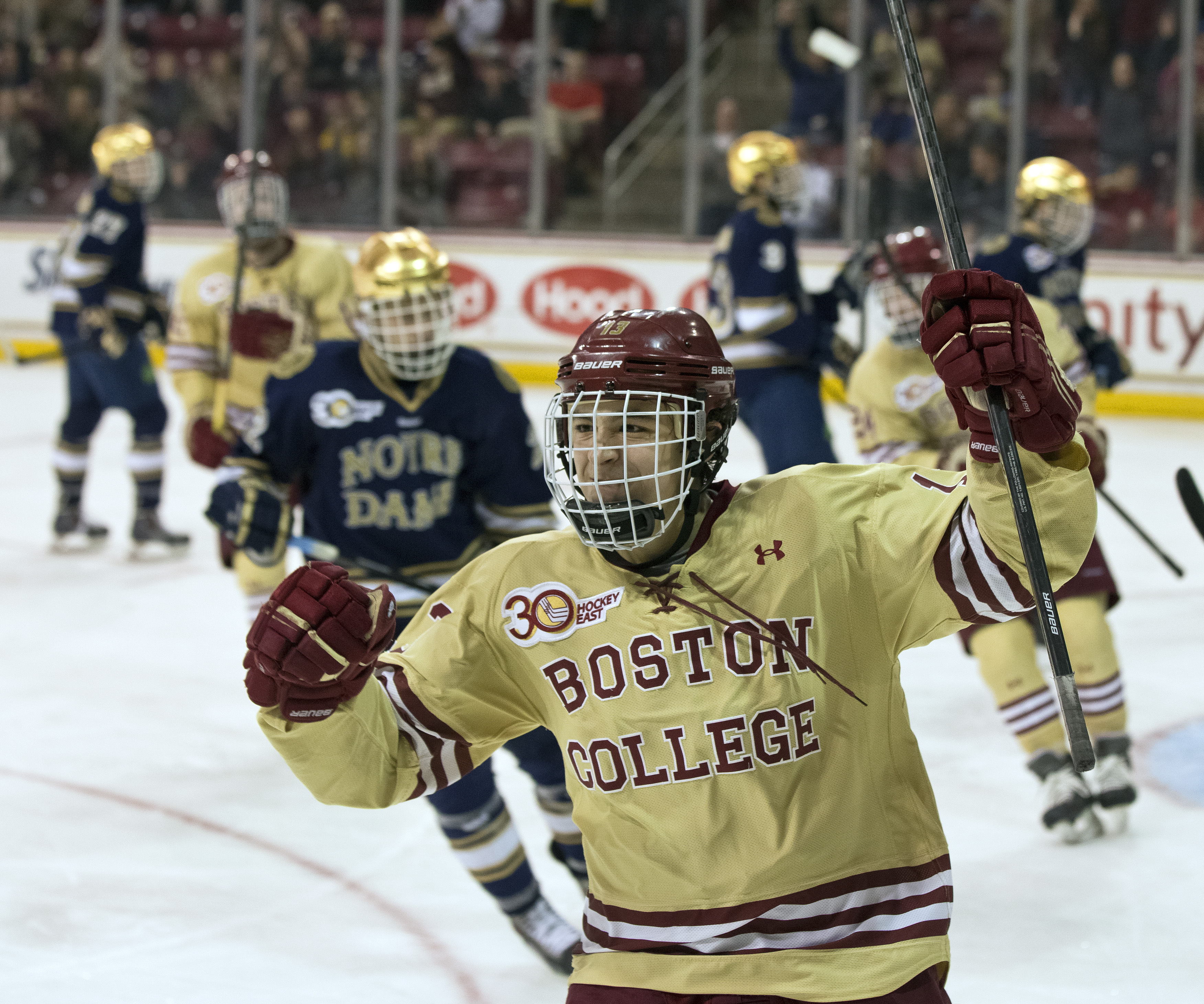 Boston College NCAA college hockey player Johnny Gaudreau celebrates his goal against Notre Dame during the third period of quarterfinal round match at the Hockey East Tournament in Chestnut Hill, Mass., March 15, 2014.