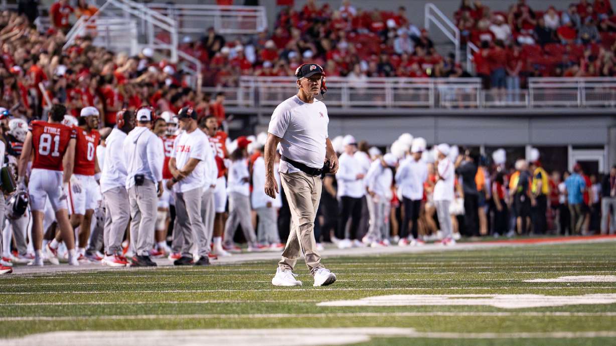 Utah head coach Kyle Whittingham walks onto the field in a game against Southern Utah on Aug. 29, 2024 in Salt Lake City.