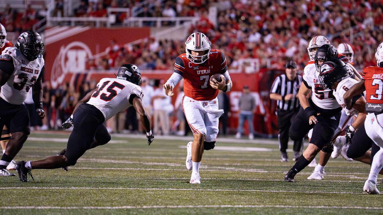 Utah quarterback Cam Rising runs the ball in a game against Southern Utah on Aug. 29, 2024 in Salt Lake City.