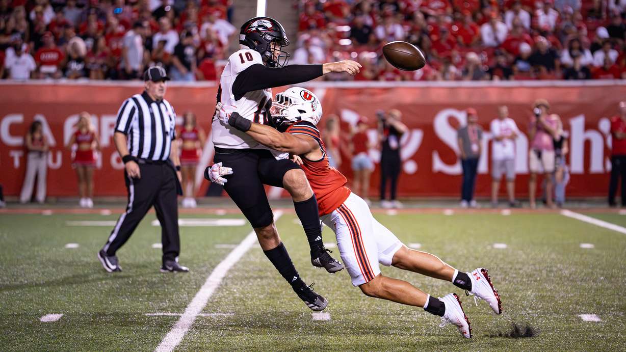 Utah defensive end Van Fillinger sacks Southern Utah's quarterback on Aug. 29, 2024 in Salt Lake City.