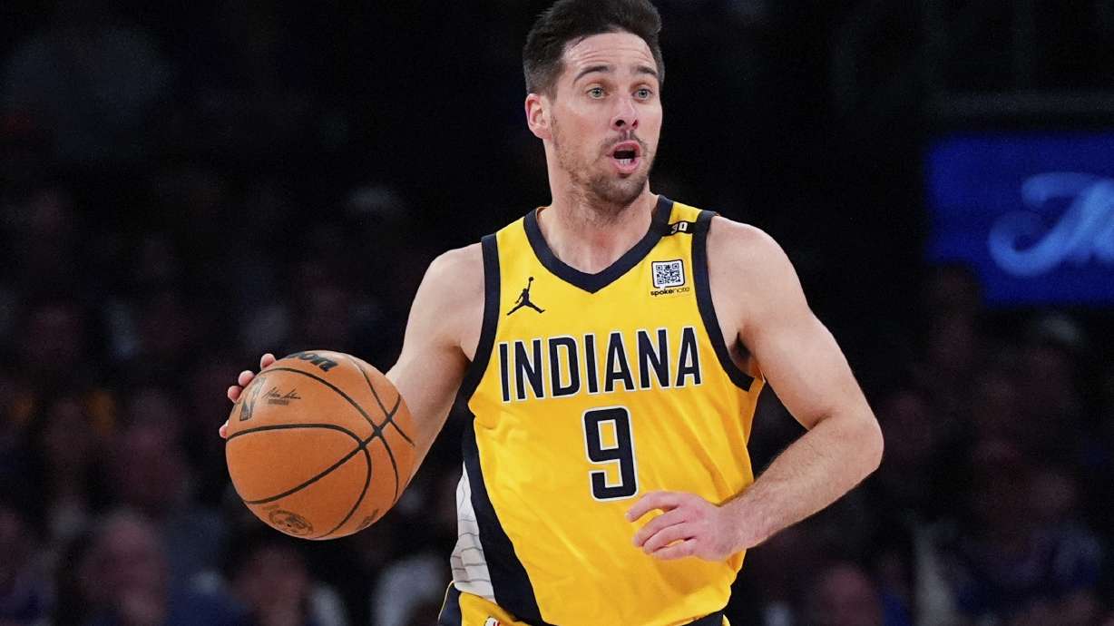 FILE - Indiana Pacers guard T.J. McConnell (9) dribbles during the first half of Game 7 in an NBA basketball second-round playoff series against the New York Knicks, May 19, 2024, in New York.