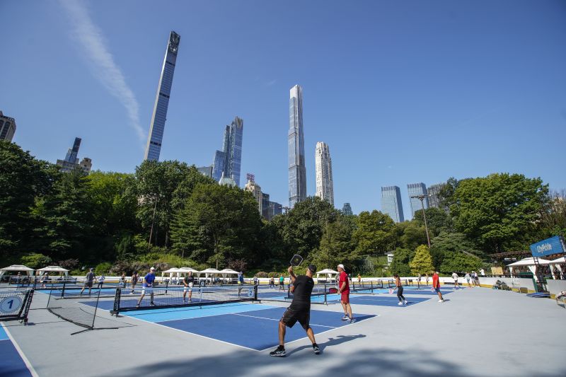 People practice pickleball on the courts of CityPickle at Central Park's Wollman Rink, Aug. 24 in New York.