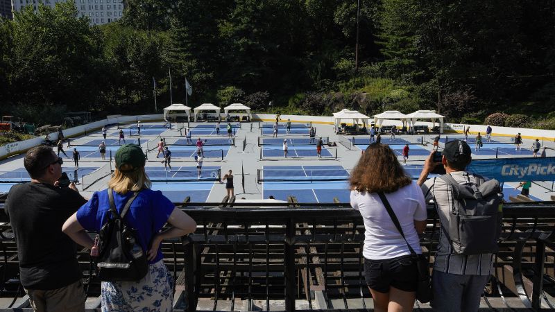 People practice pickleball on the courts of CityPickle at Central Park's Wollman Rink, Aug. 24 in New York.