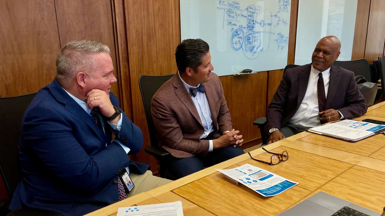 Davis School District Superintendent Dan Linford, left, in Farmington on Aug. 28, 2024. The district has met the terms of a federal accord to address "severe, pervasive" race issues in the system, prompting a stop to federal monitoring.