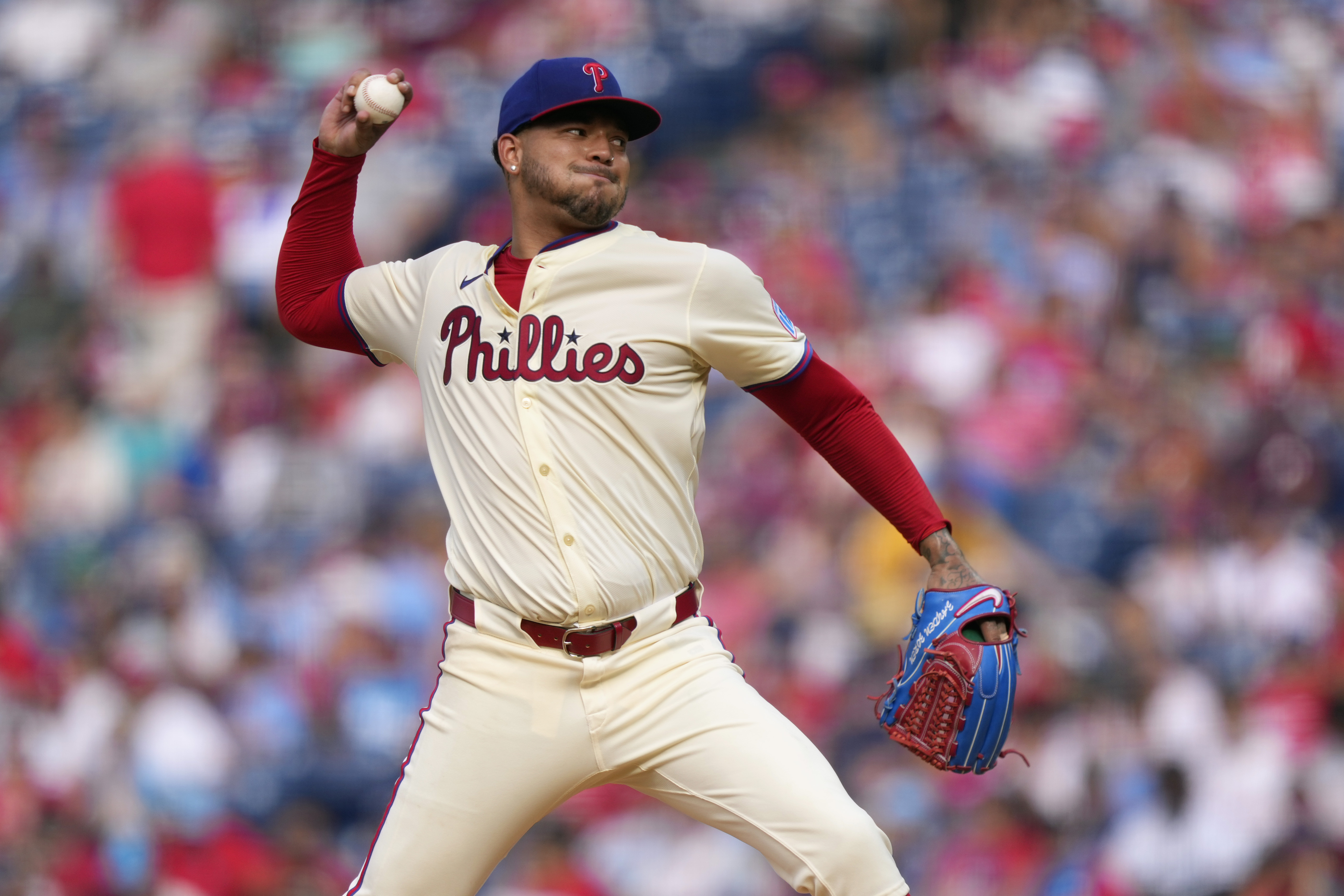 Philadelphia Phillies' Taijuan Walker pitches during the fourth inning of a baseball game against the Houston Astros, Wednesday, Aug. 28, 2024, in Philadelphia. 