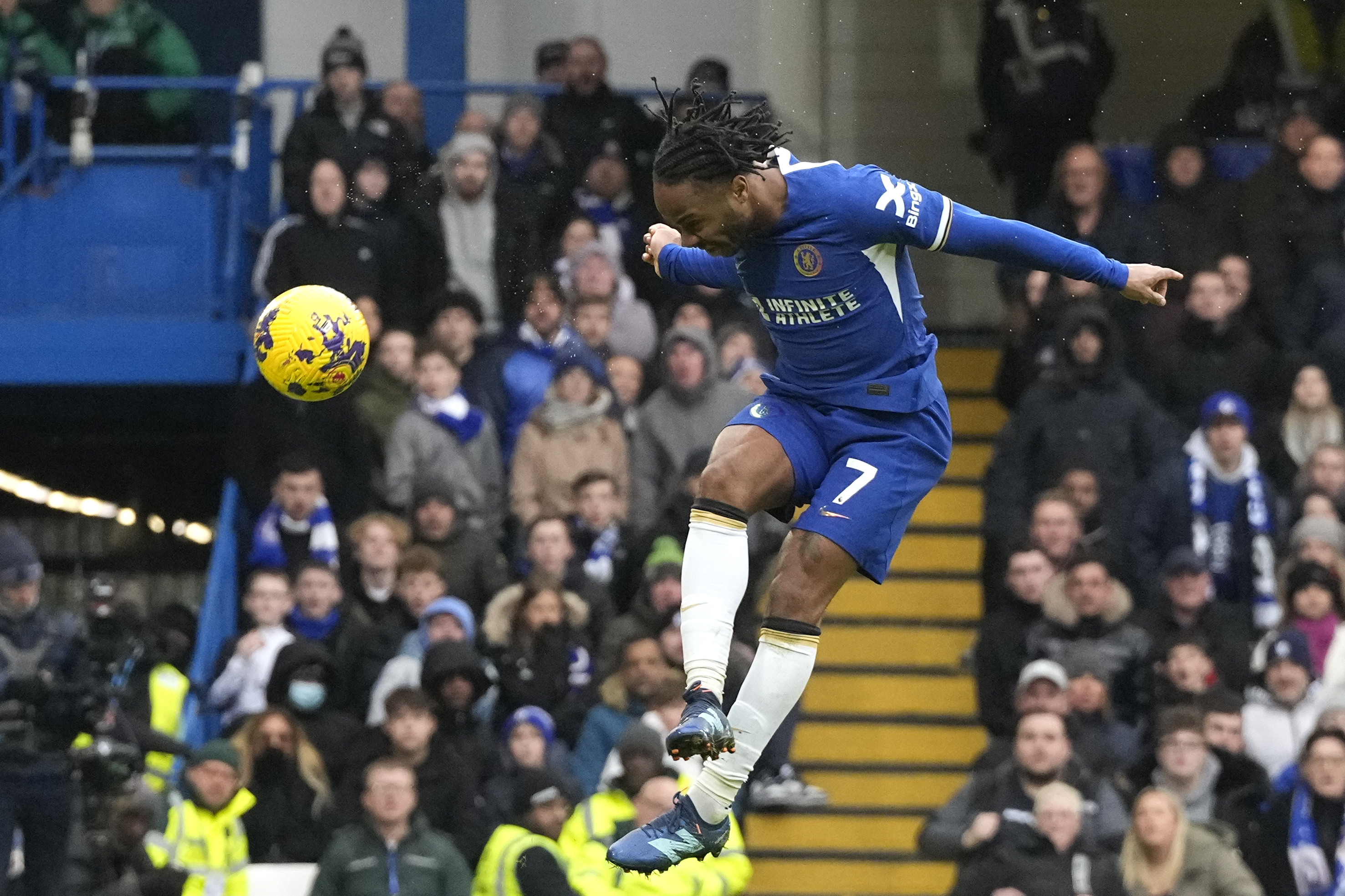 FILE - Chelsea's Raheem Sterling makes an attempt to score during the English Premier League soccer match between Chelsea and Fulham at Stamford Bridge stadium in London, Saturday, Jan. 13, 2024. 