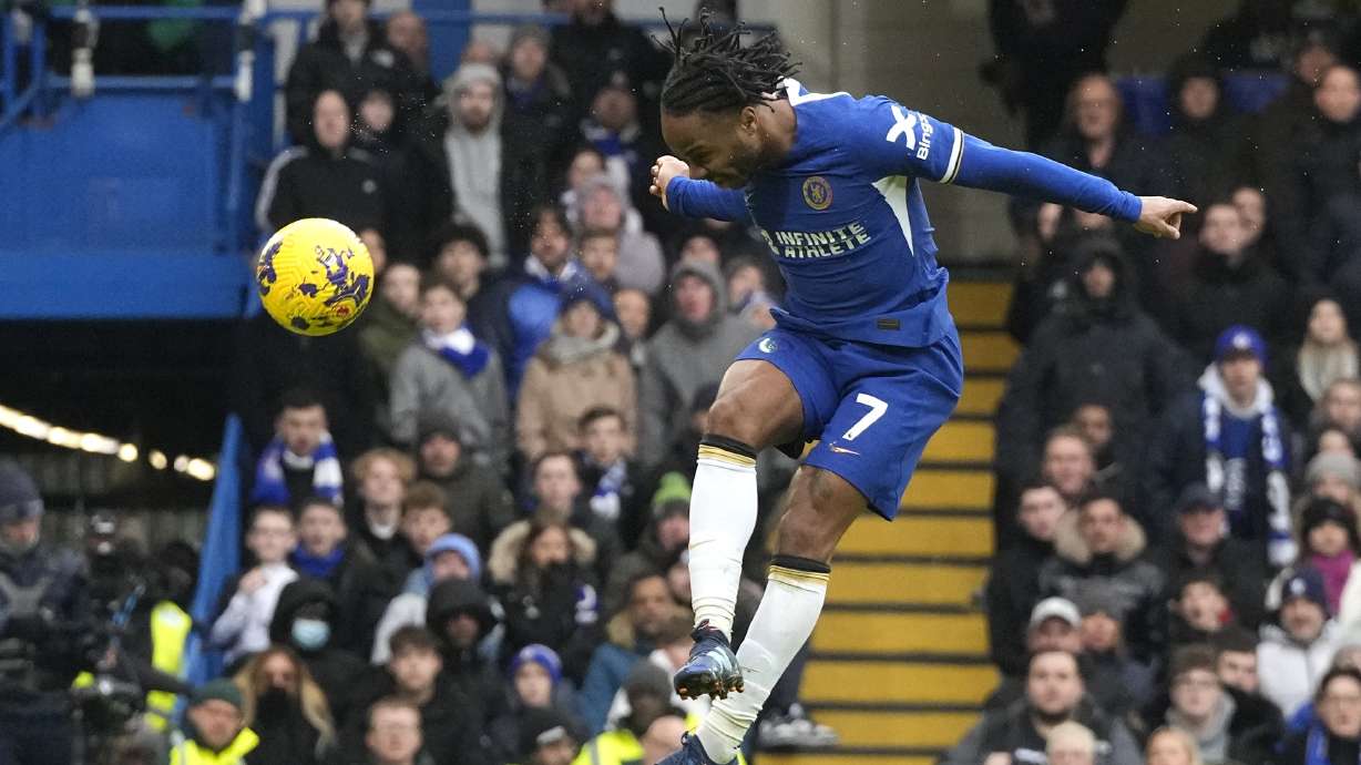 FILE - Chelsea's Raheem Sterling makes an attempt to score during the English Premier League soccer match between Chelsea and Fulham at Stamford Bridge stadium in London, Saturday, Jan. 13, 2024.