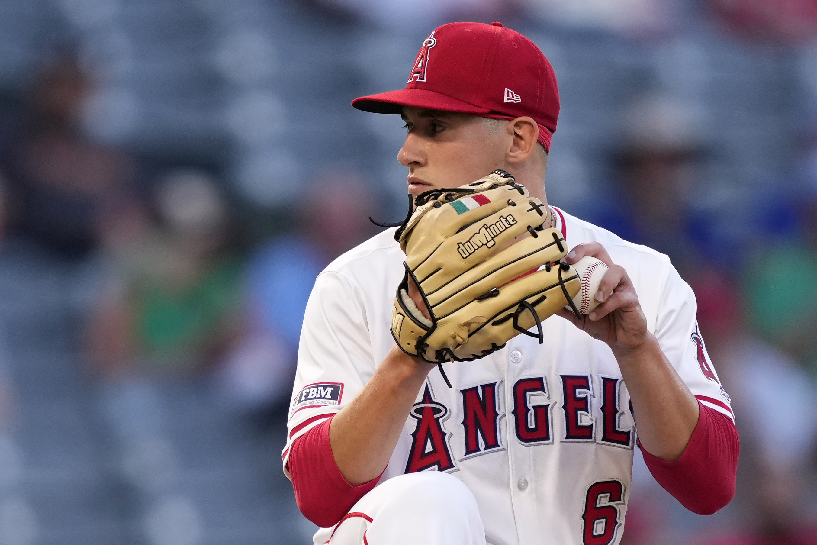 Los Angeles Angels starting pitcher Samuel Aldegheri prepares to throw to the plate during the first inning of a baseball game against the Seattle Mariners, Friday, Aug. 30, 2024, in Anaheim, Calif. 
