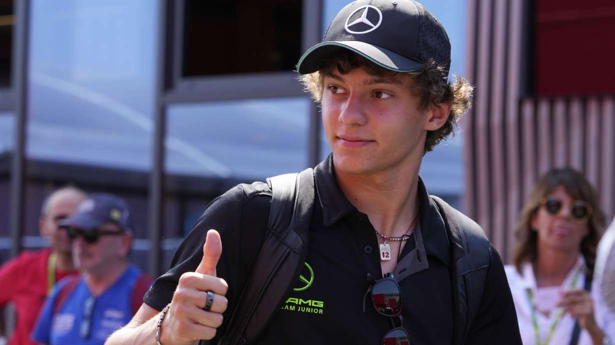 Mercedes driver Andrea Kimi Antonelli of Italy thus up in the paddock at the Monza racetrack, in Monza, Italy, Thursday, Aug.29, 2024. The Formula one race will be held on Sunday.