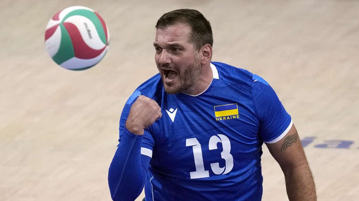 Dmytro Melnyk of Ukraine reacts during the men's preliminary round sitting volleyball game against Iran at the 2024 Paralympics, Friday, Aug. 30, 2024, in Paris, France.