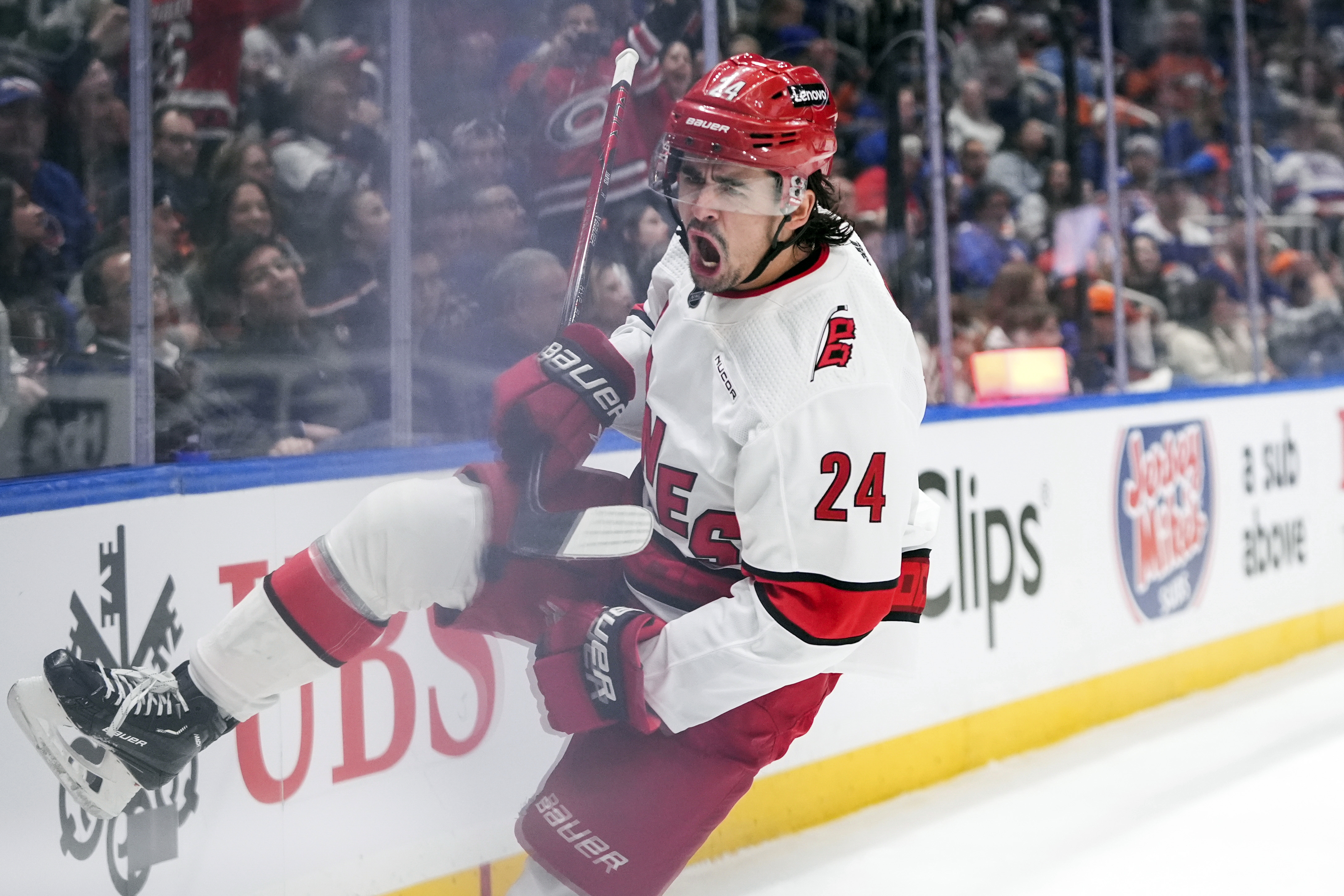 FILE - Carolina Hurricanes' Seth Jarvis (24) celebrates after scoring a goal during the first period of Game 4 of an NHL hockey Stanley Cup first-round playoff series against the New York Islanders, Saturday, April 27, 2024, in Elmont, N.Y.