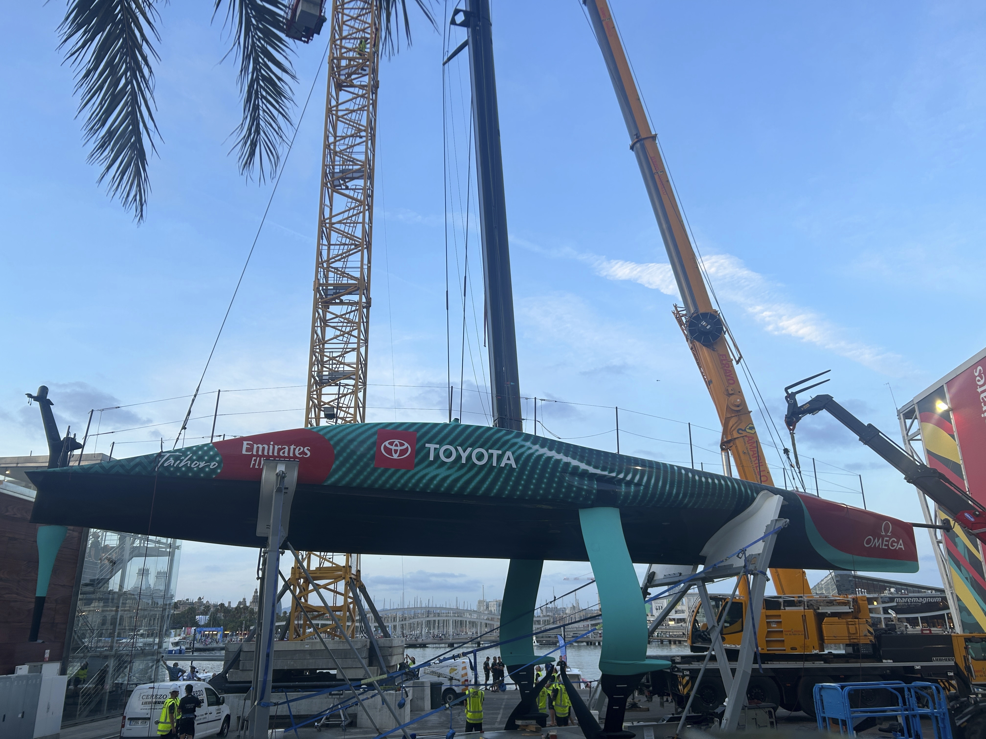 Emirates Team New Zealand’s boat is shown after it was damaged when the crane failed while removing it from the water after racing on the opening day of the 37th America’s Cup in Barcelona, Spain. 