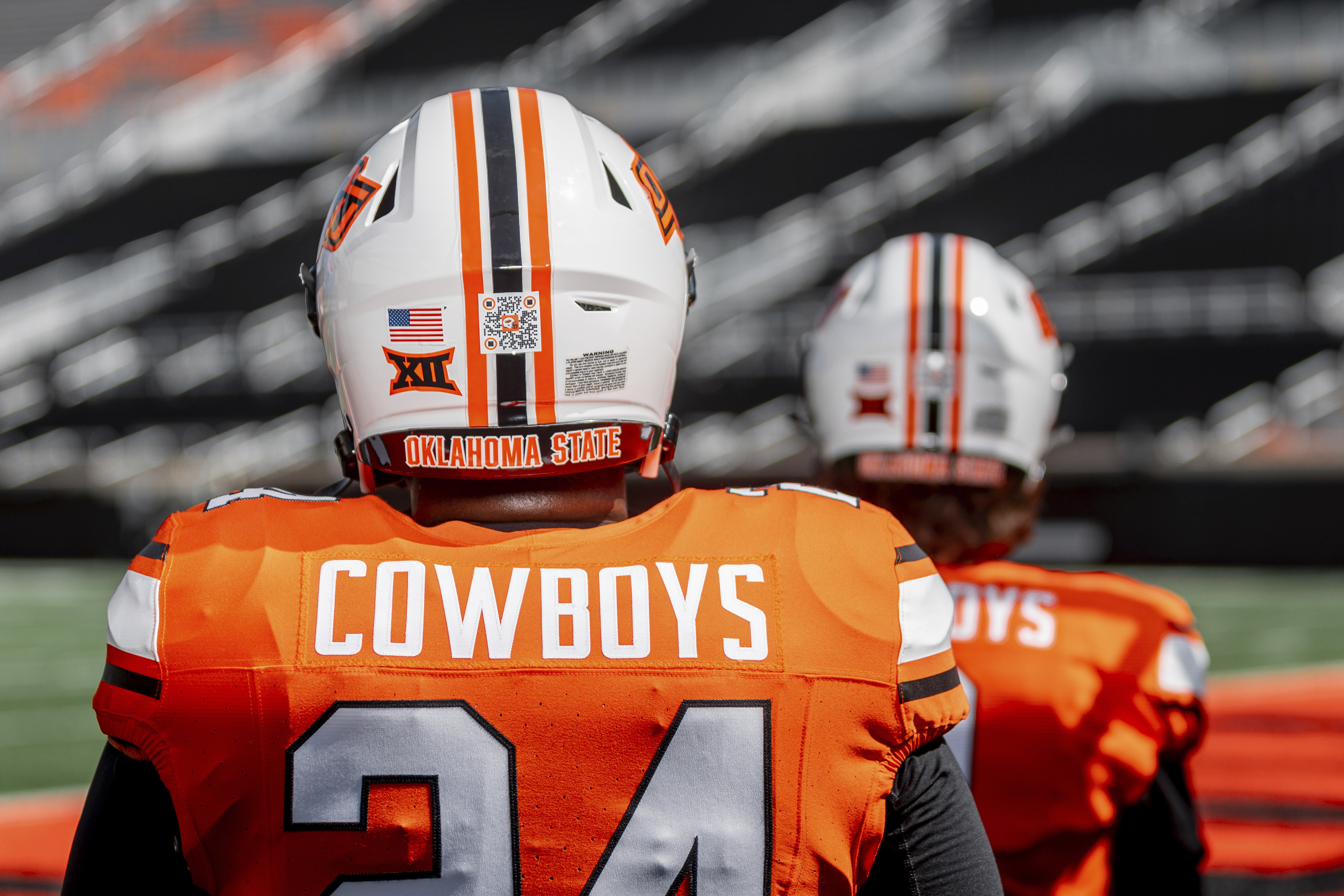 This photo provided by Oklahoma State Athletics shows a QR code on an Oklahoma State NCAA college football helmet, Thursday, Aug. 15, 2024, at Boone Pickens Stadium in Stillwater, Okla. 