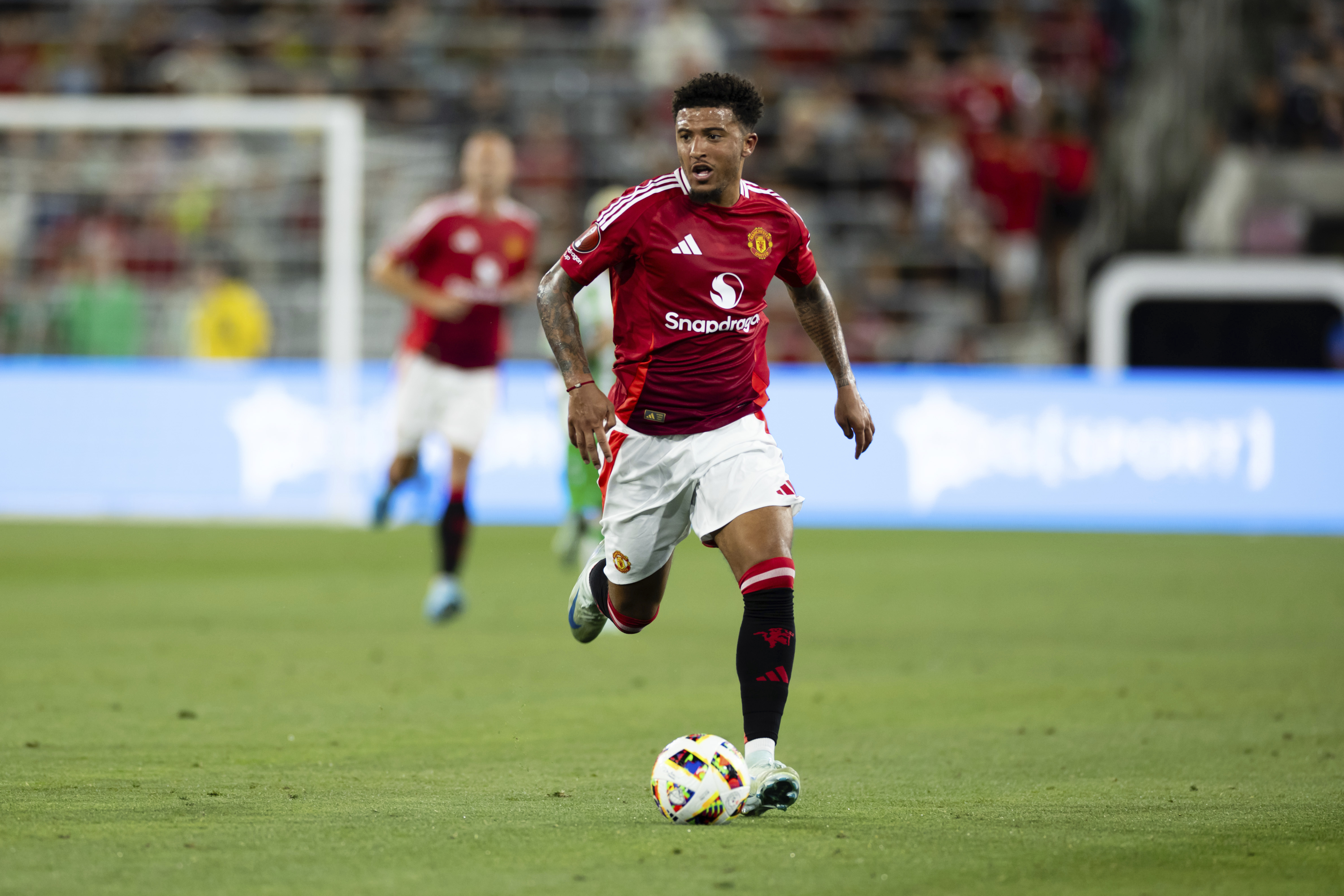 FILE - Manchester United forward Jadon Sancho in action against Real Betis during the second half of a soccer match, July 31, 2024, in San Diego. 