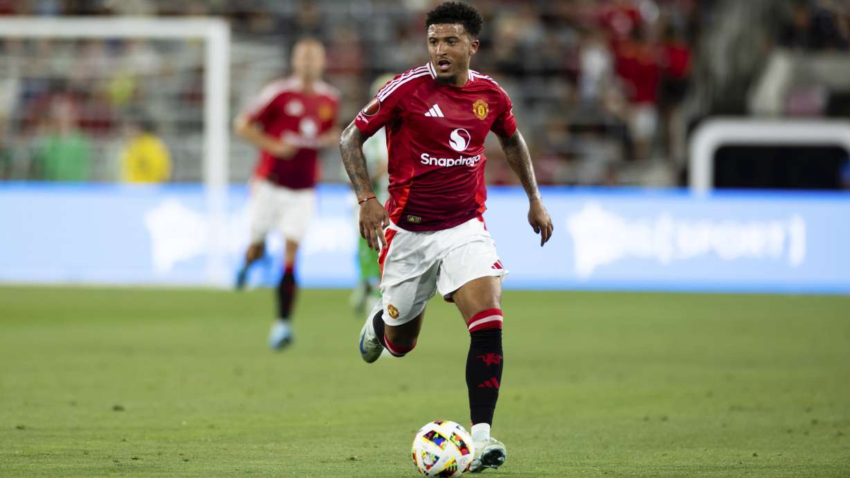 FILE - Manchester United forward Jadon Sancho in action against Real Betis during the second half of a soccer match, July 31, 2024, in San Diego.