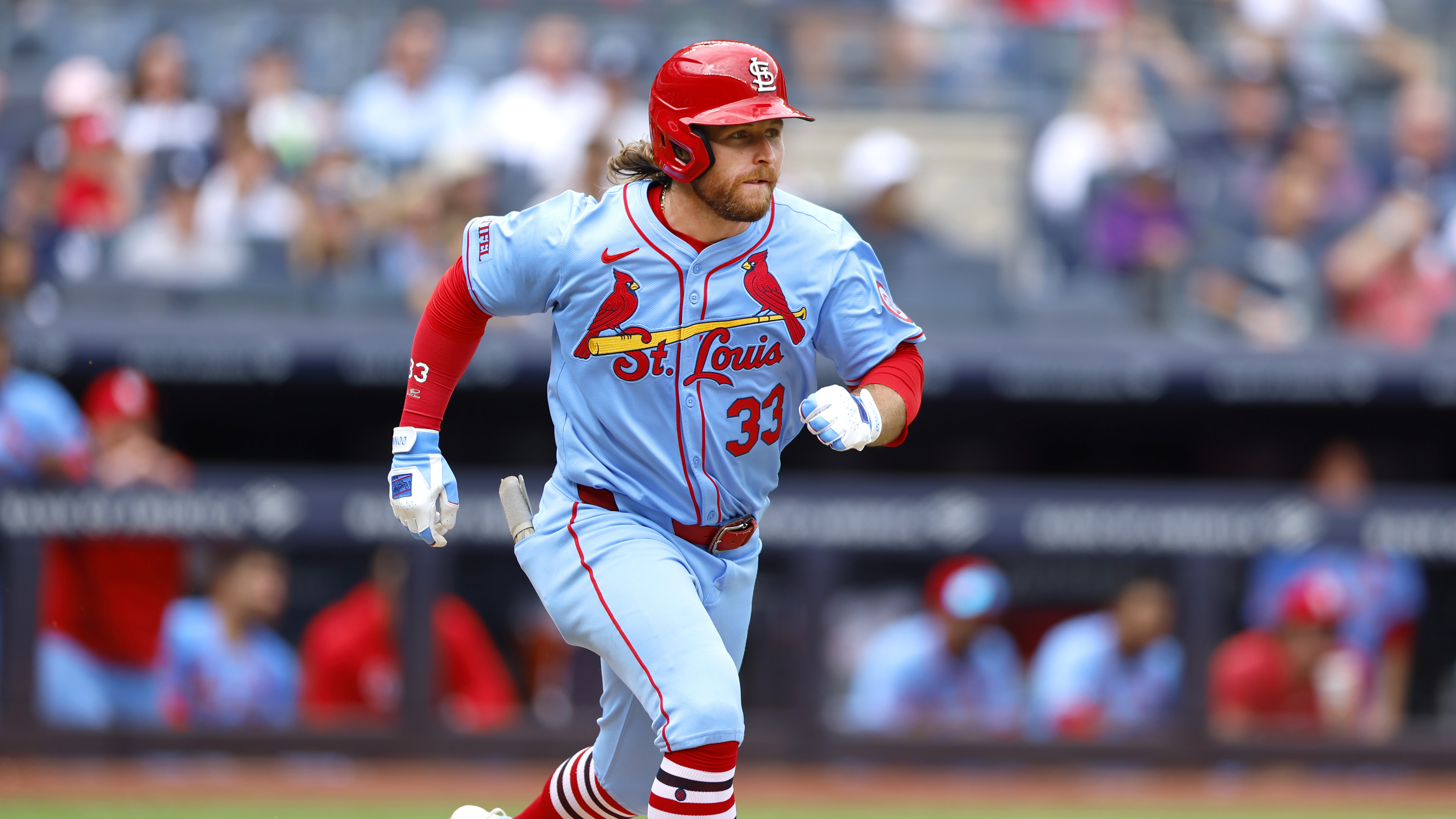 St. Louis Cardinals' Brendan Donovan (33) runs the bases after hitting a home run against the New York Yankees during the third inning of a baseball game, Saturday, Aug. 31, 2024, in New York. 