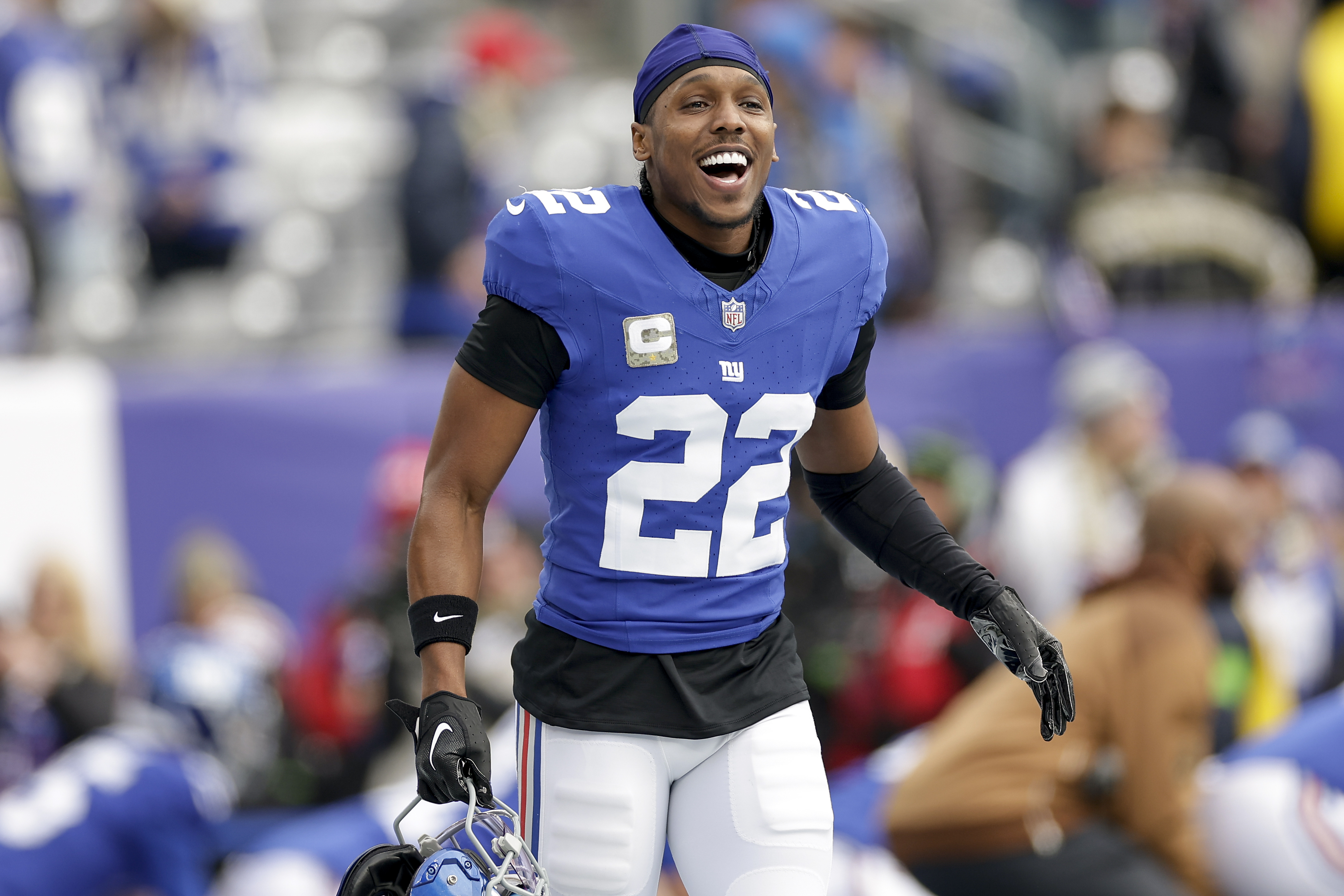 FILE - New York Giants cornerback Adoree' Jackson (22) warms up before playing against the New England Patriots in an NFL football game, Nov. 26, 2023, in East Rutherford, N.J. 