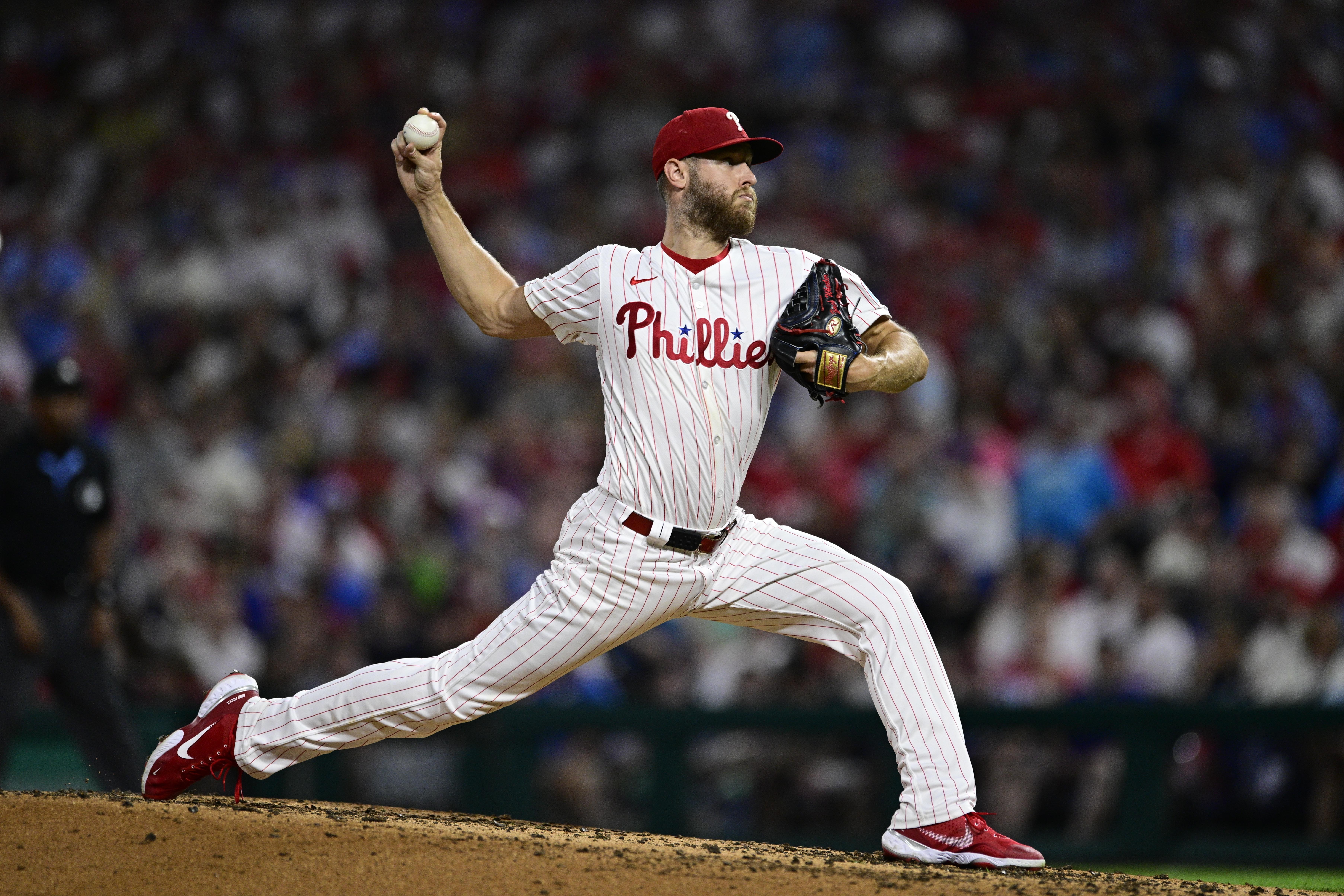 Philadelphia Phillies' Zack Wheeler throws during the third inning of a baseball game against the Atlanta Braves, Saturday, Aug. 31, 2024, in Philadelphia. 