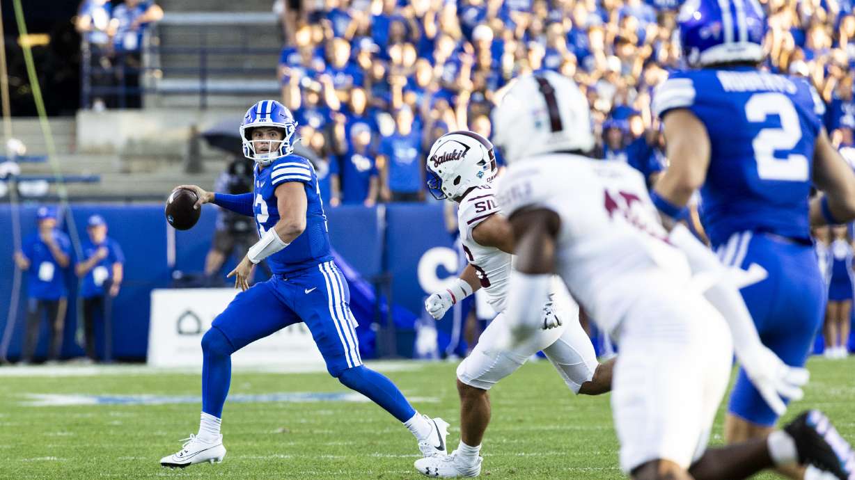 Brigham Young quarterback Jake Retzlaff (12) looks to pass during BYU’s home opener against Southern Illinois held at LaVell Edwards Stadium in Provo on Saturday, Aug. 31, 2024.