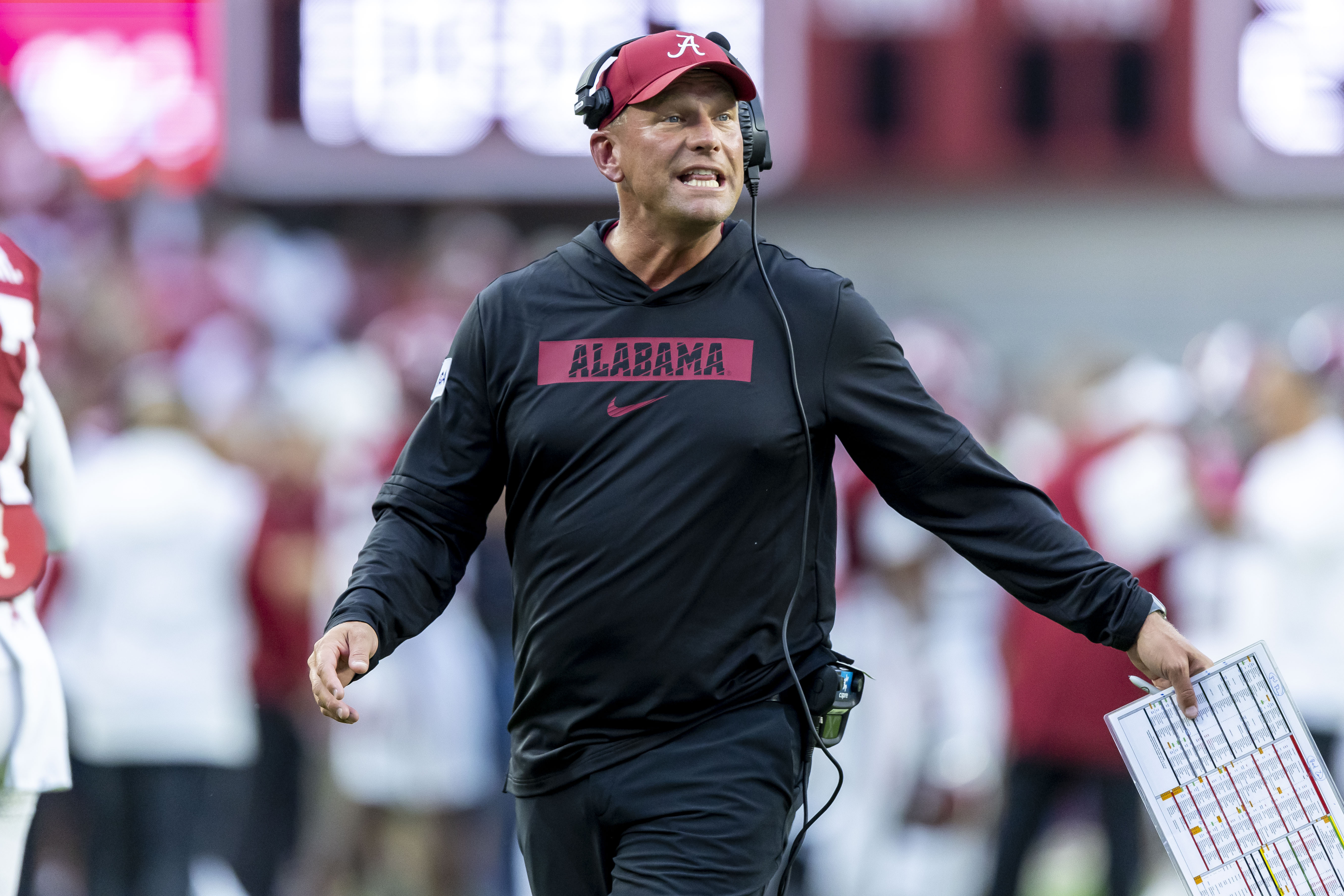 Alabama head coach Kalen DeBoer cheers his team after the first touchdown of the season during the first half of an NCAA college football game against Western Kentucky, Saturday, Aug. 31, 2024, in Tuscaloosa, Ala. 