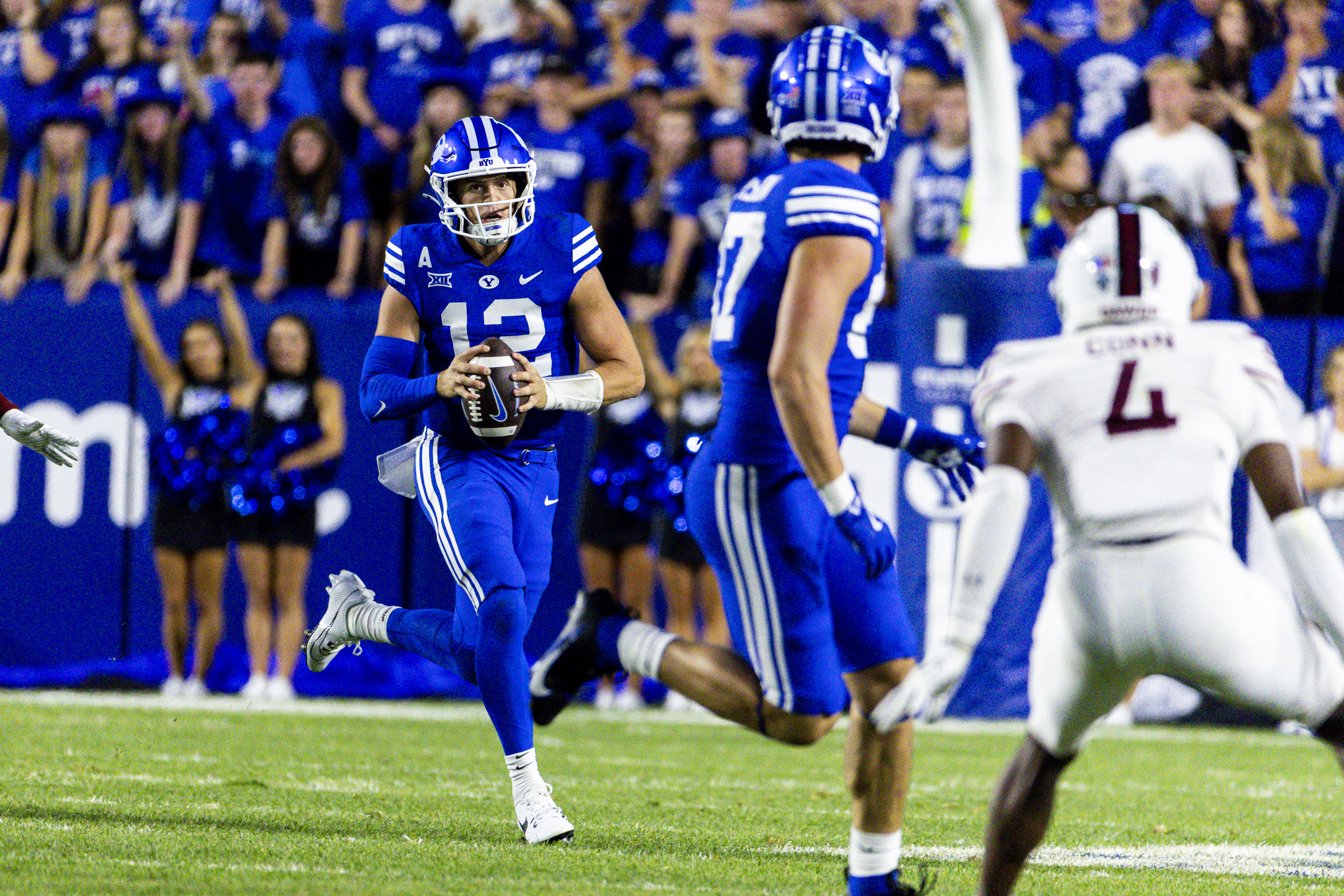 Brigham Young quarterback Jake Retzlaff (12) looks to pass during BYU’s home opener against Southern Illinois University held at LaVell Edwards Stadium in Provo on Saturday, Aug. 31, 2024.