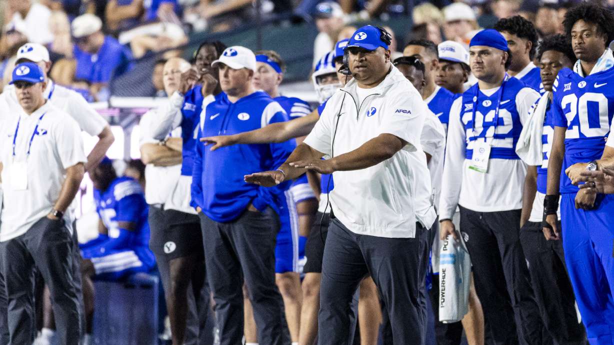 Brigham Young head coach Kalani Sitake reacts after a play during BYU’s home opener against Southern Illinois University held at LaVell Edwards Stadium in Provo on Saturday, Aug. 31, 2024.
