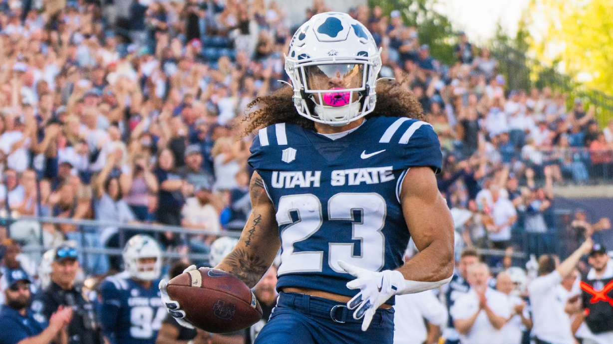 Bryson Barnes completed 11-of-21 passes for 198 yards and two touchdown passes in Utah State's 36-14 win over Robert Morris, Saturday, Aug. 31, 2024 in Logan.