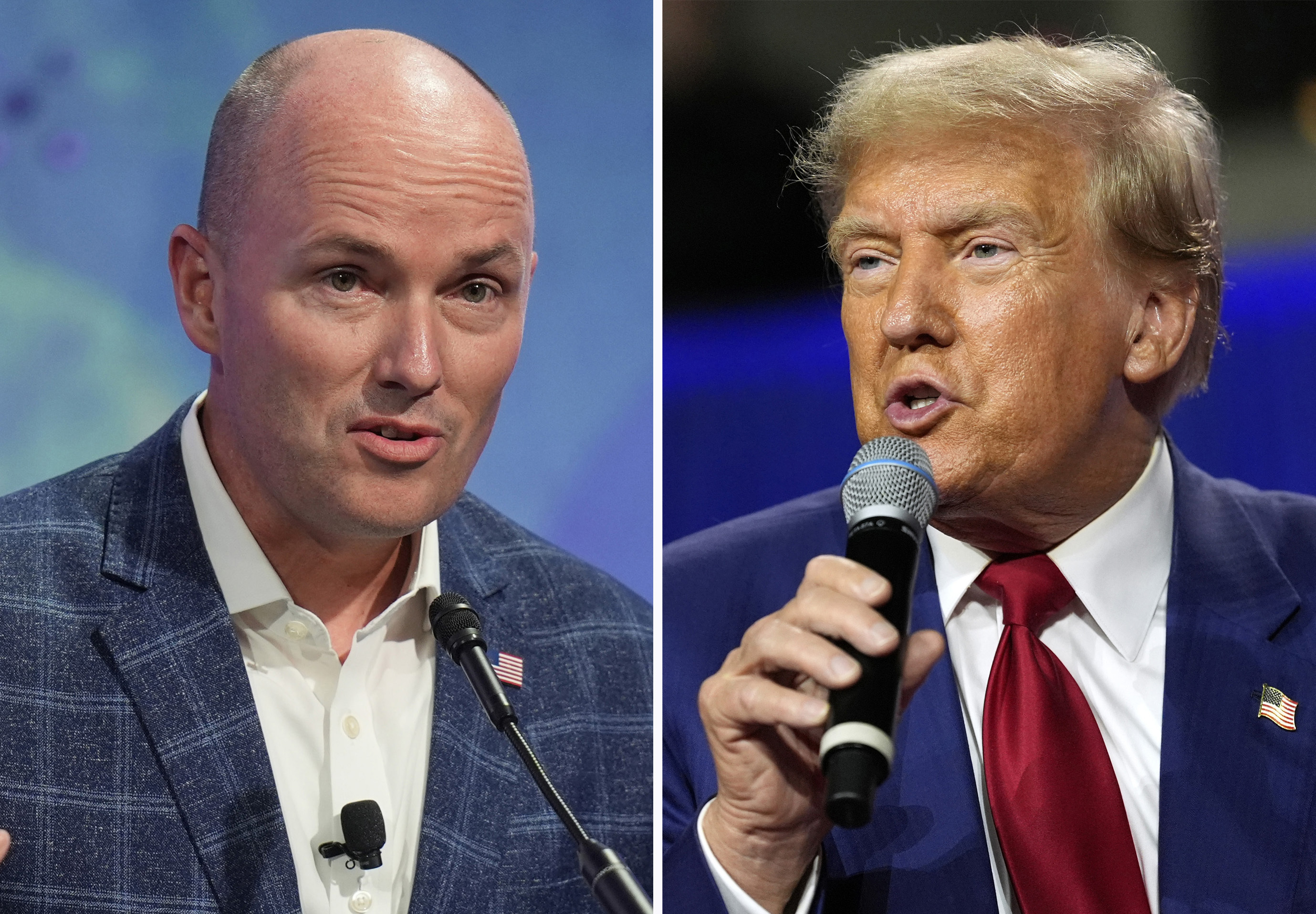 In this combination photo, Utah Gov. Spencer Cox speaks July 11, in Salt Lake City, left, and Republican presidential nominee former president Donald Trump speaks during a town hall, Aug. 29, in La Crosse, Wis.