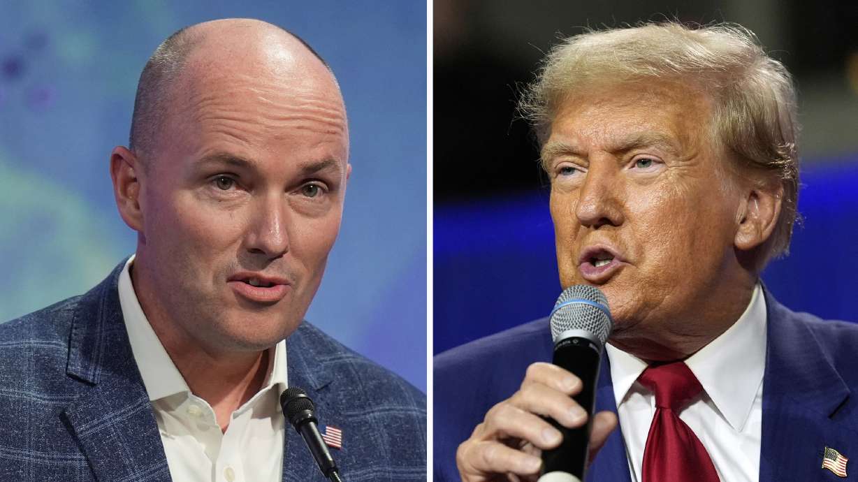 In this combination photo, Utah Gov. Spencer Cox speaks July 11, in Salt Lake City, left, and Republican presidential nominee former president Donald Trump speaks during a town hall, Aug. 29, in La Crosse, Wis.