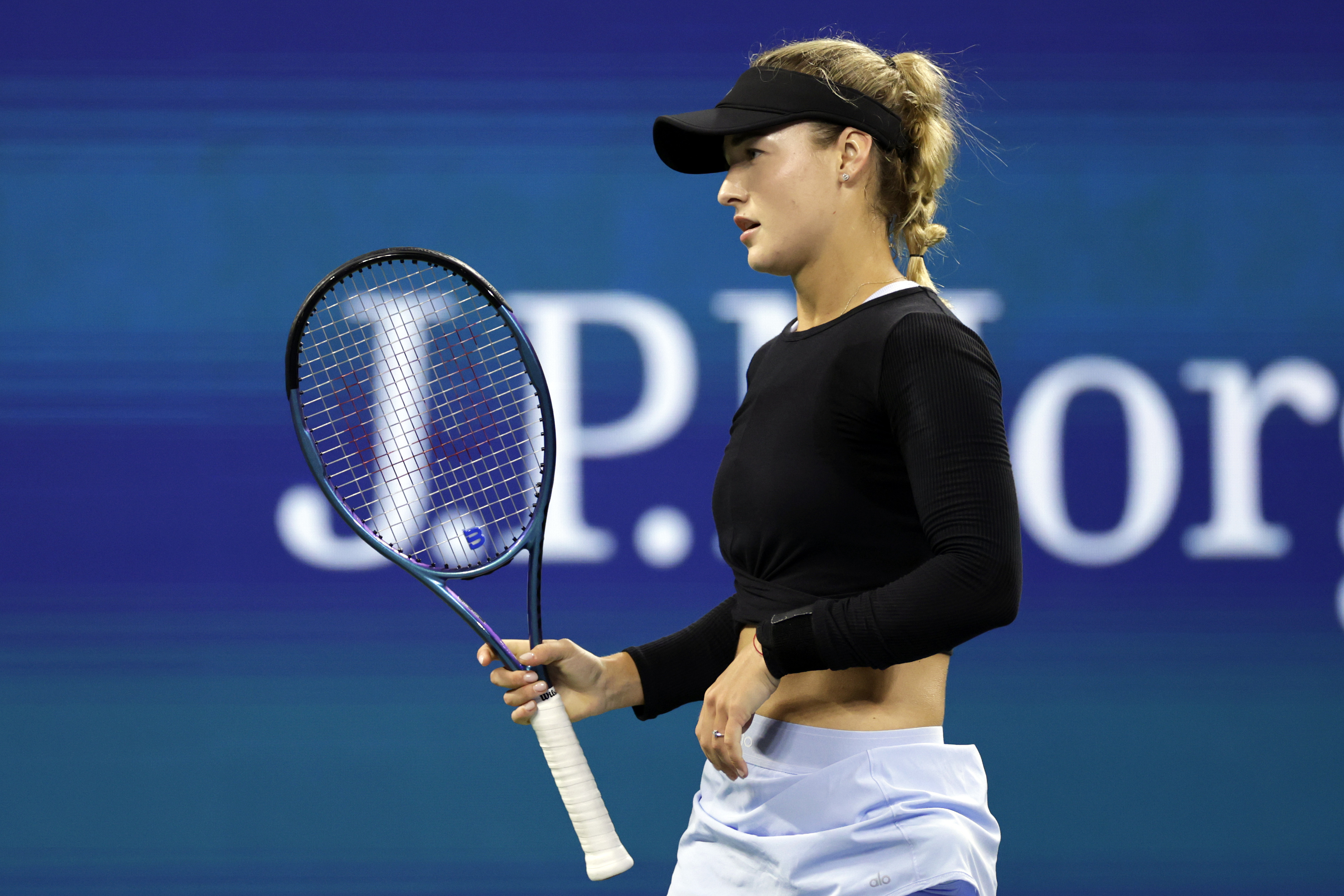 Anna Kalinskaya, of Russia, reacts against Beatriz Haddad Maia, of Brazil, during the third round of the U.S. Open tennis tournament Saturday, Aug. 31, 2024, in New York. 