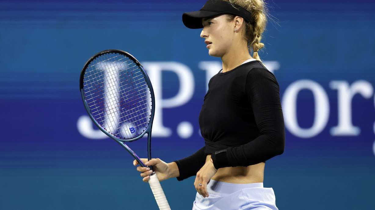 Anna Kalinskaya, of Russia, reacts against Beatriz Haddad Maia, of Brazil, during the third round of the U.S. Open tennis tournament Saturday, Aug. 31, 2024, in New York.