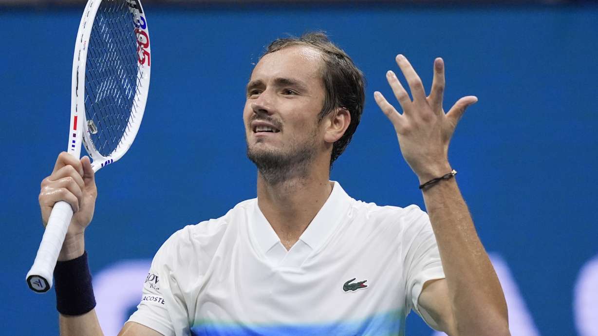 Daniil Medvedev, of Russia, reacts after scoring a point against to Flavio Cobolli, of Italy, during the third round of the U.S. Open tennis championships, Saturday, Aug. 31, in New York. 2024.