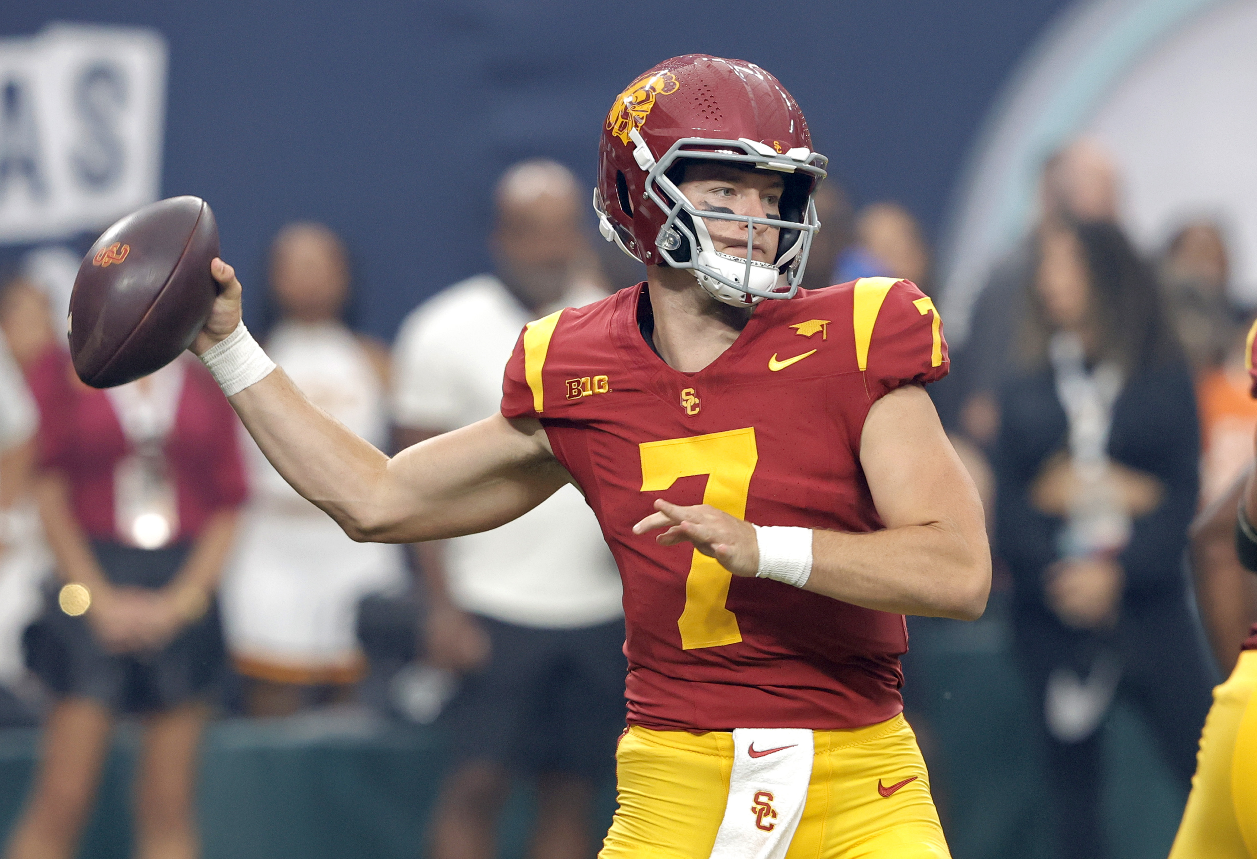 Southern California quarterback Miller Moss looks to pass during the first half of an NCAA college football game against LSU, Sunday, Sept. 1, 2024, in Las Vegas. 