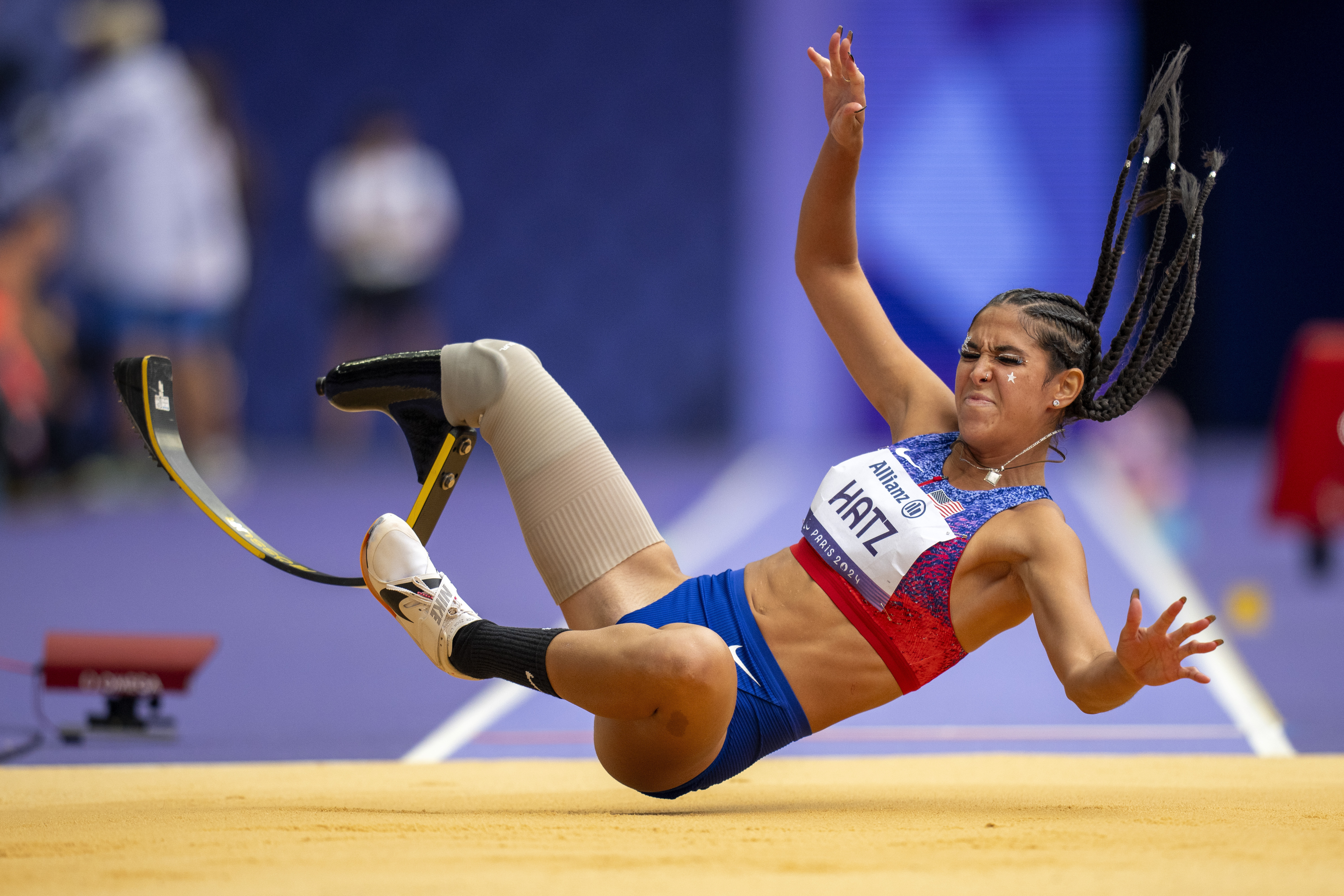 Beatriz Hatz, of the U.S., competes at Women's Long Jump -T64 final at the Stade de France stadium, during the 2024 Paralympics, Saturday, Aug. 31, 2024, in Paris, France. 