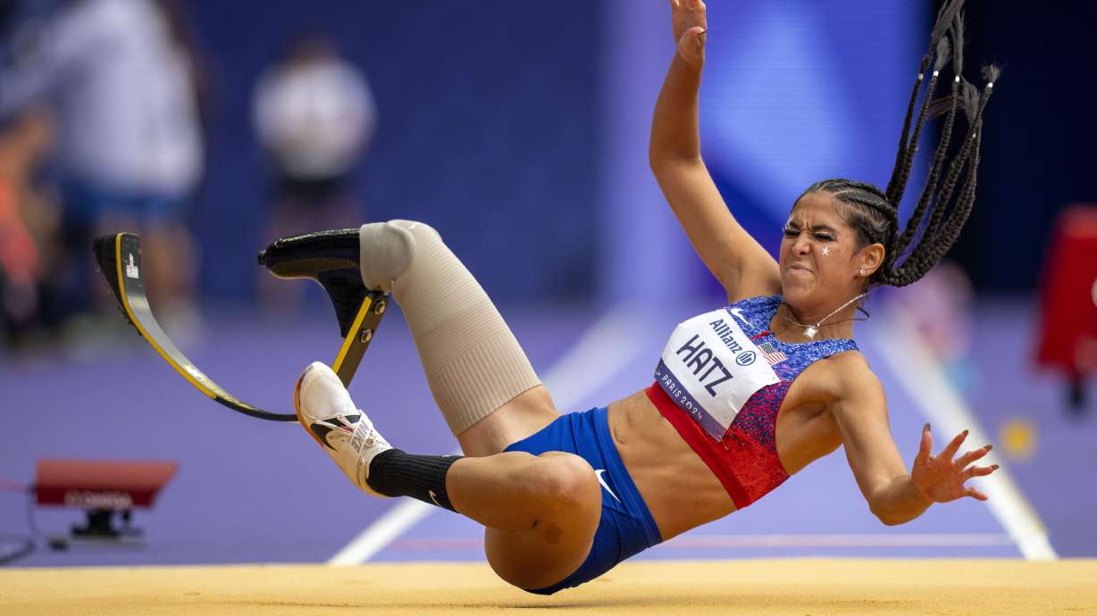 Beatriz Hatz, of the U.S., competes at Women's Long Jump -T64 final at the Stade de France stadium, during the 2024 Paralympics, Saturday, Aug. 31, 2024, in Paris, France.