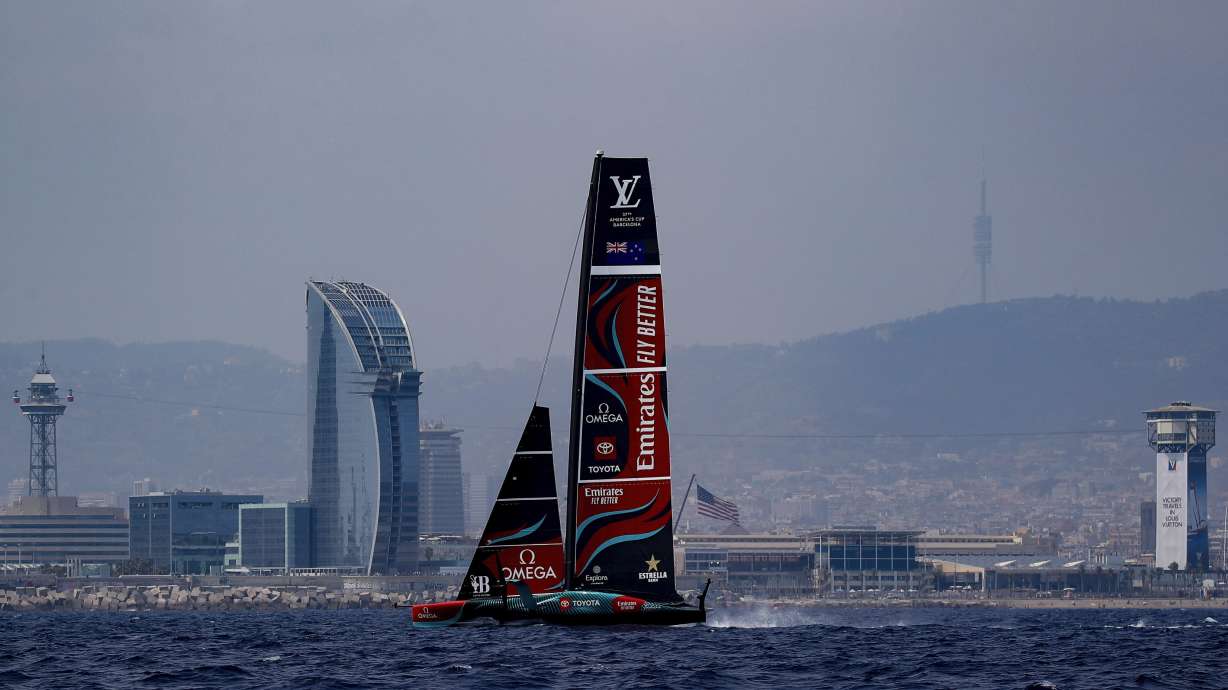 Emirates Team New Zealand's AC75 boat sails during America's Cup Preliminary Regatta ahead of the 37th America's Cup sailing race at the Barcelona's coast, Spain, Thursday, Aug. 22, 2024. The world's oldest international sports trophy, best yachtsmen and cutting-edge design and technology will come together in Barcelona when the 37th edition of the America's Cup starts on Thursday.