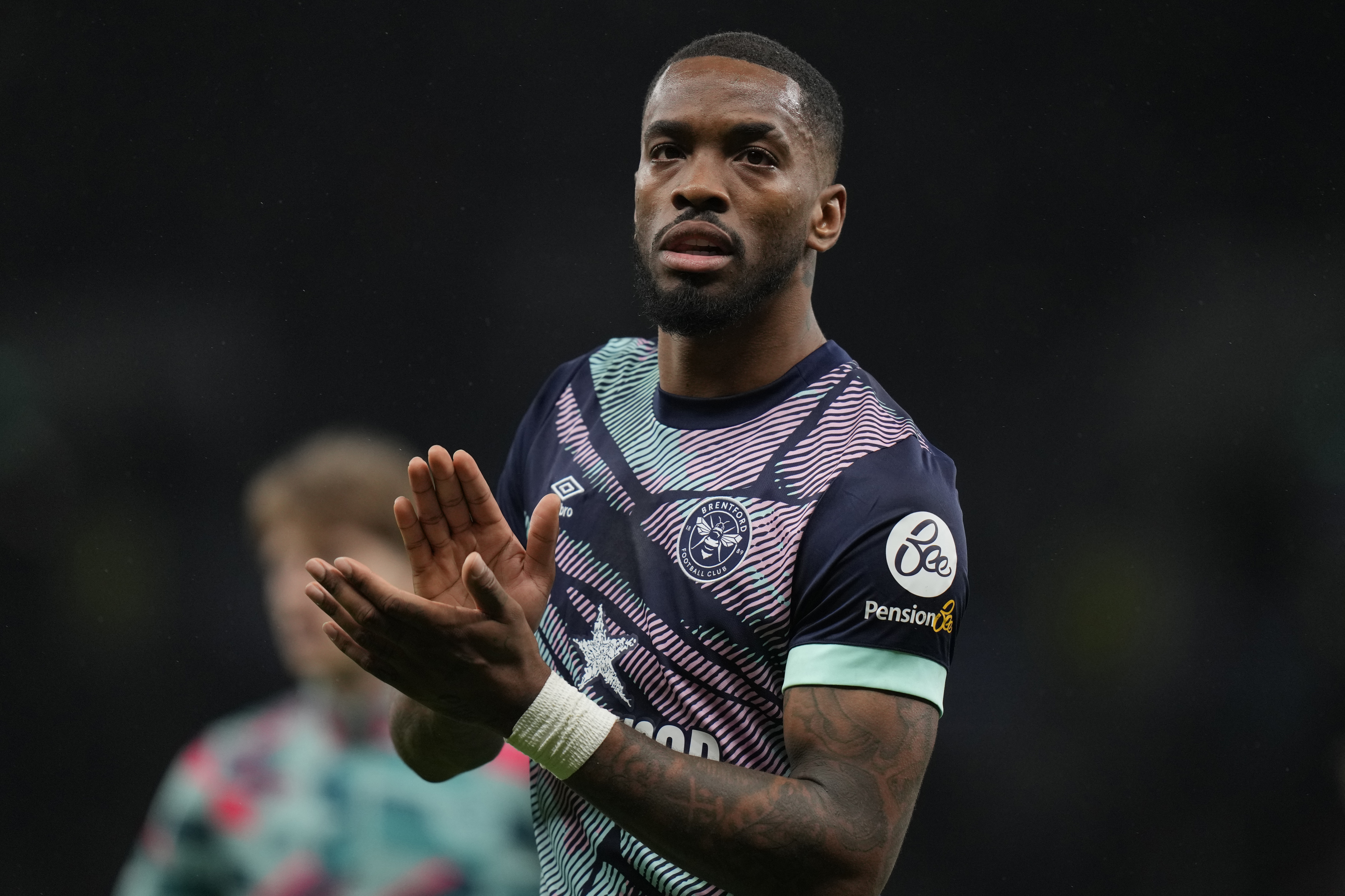 FILE - Brentford's Ivan Toney applauds fans after the English Premier League soccer match between Tottenham Hotspur and Brentford at the Tottenham Hotspur Stadium in London, Jan. 31, 2024. 