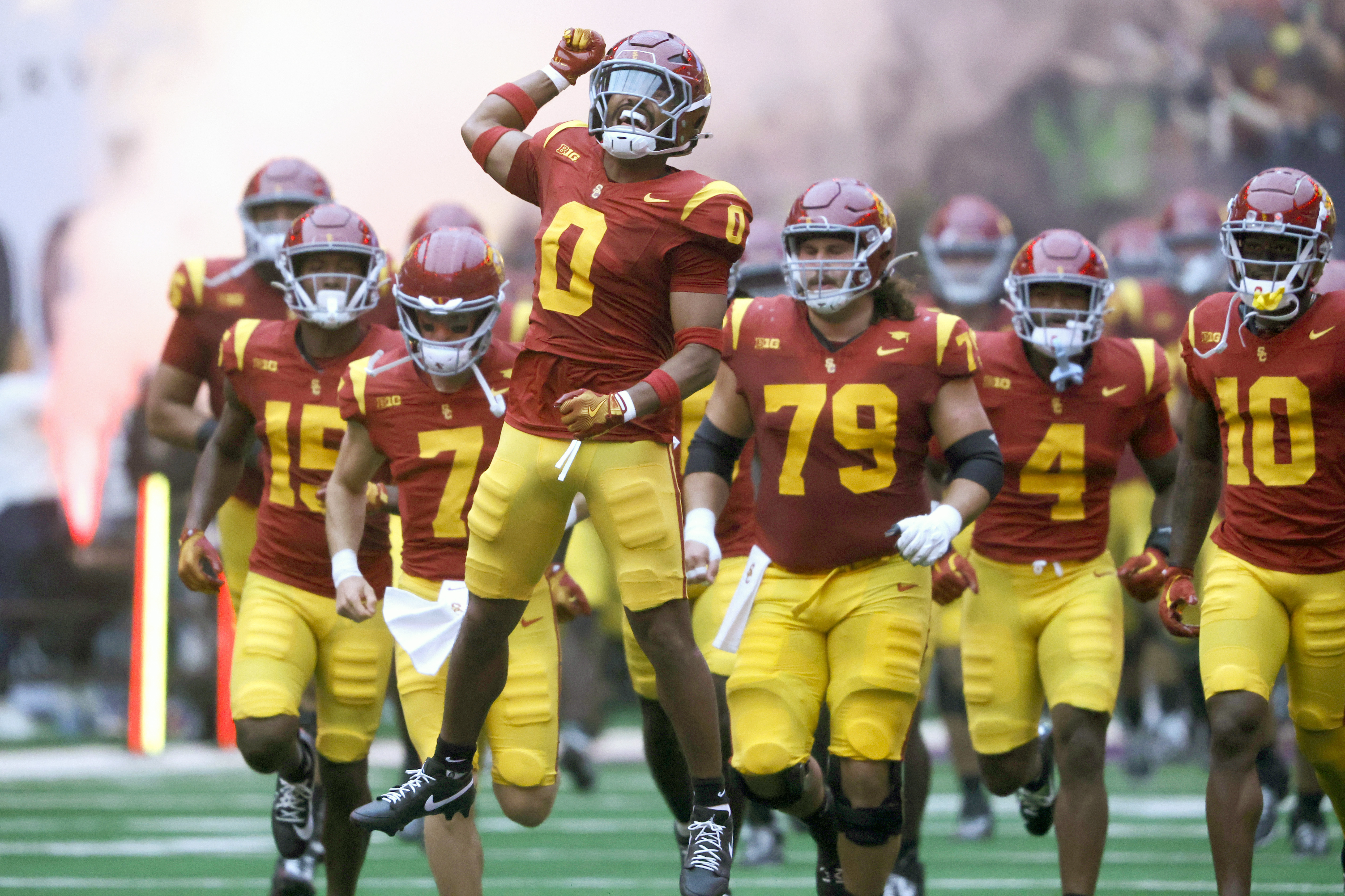Southern California players take to the field for an NCAA football game against LSU, Sunday, Sept. 1, 2024, in Las Vegas. 