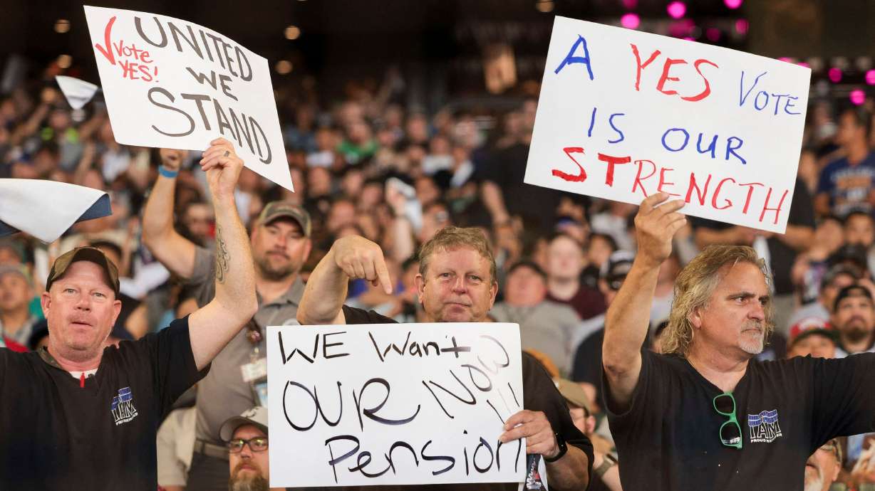 Members and supporters of the International Association of Machinists attend an early strike-sanction vote event at T-Mobile Park in Seattle, Washington, on July 17. The union is set to strike Boeing for the first time in 16 years on Sept. 13.