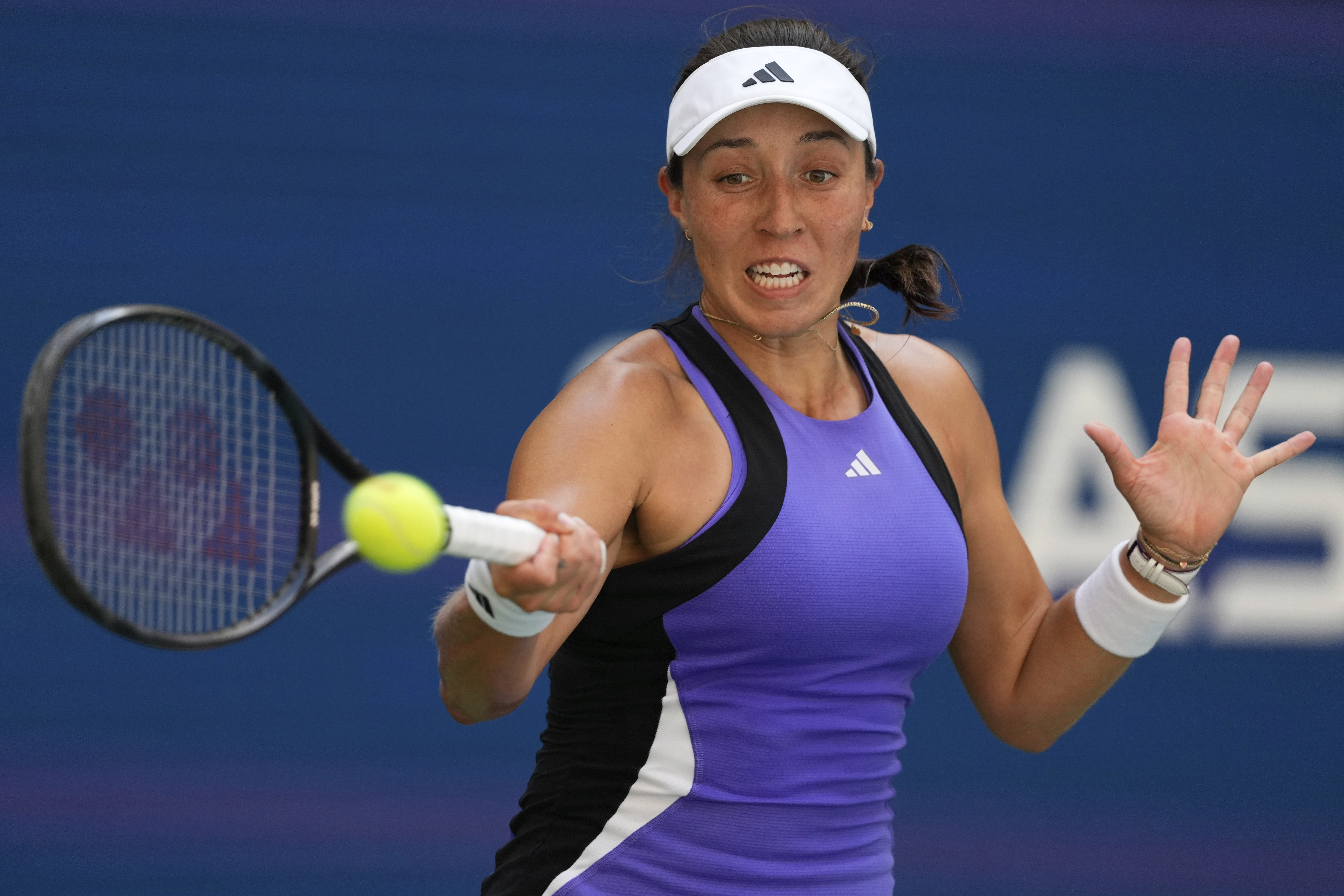 Jessica Pegula, of the United States, returns a shot during a match against Daria Snigur, of Ukraine, in the fourth round of the U.S. Open tennis championships, Monday, Sept. 2, 2024, in New York. 