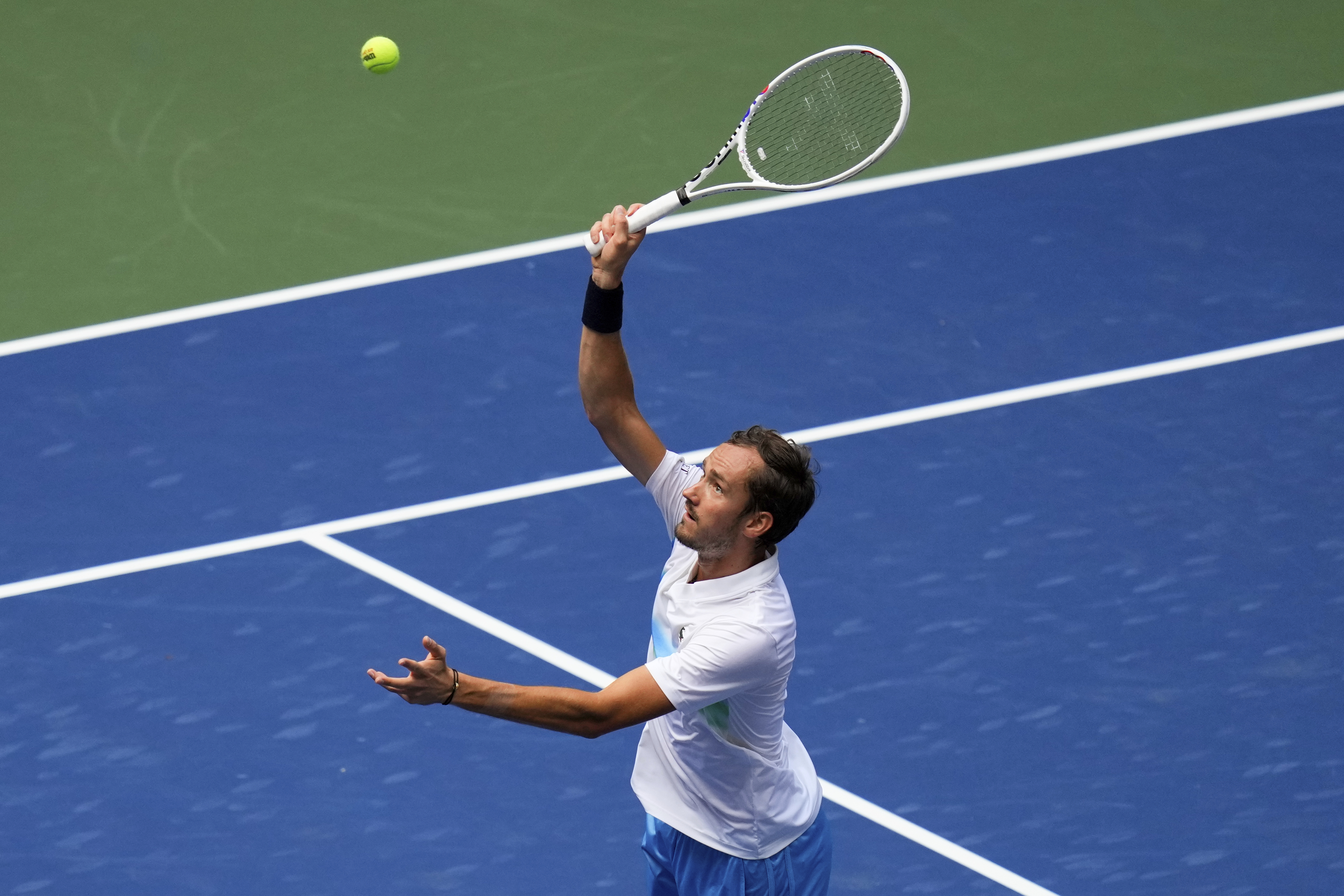 Daniil Medvedev, of Russia, serves during a match against Nuno Borges, of Portugal, in the fourth round of the U.S. Open tennis championships, Monday, Sept. 2, 2024, in New York. 