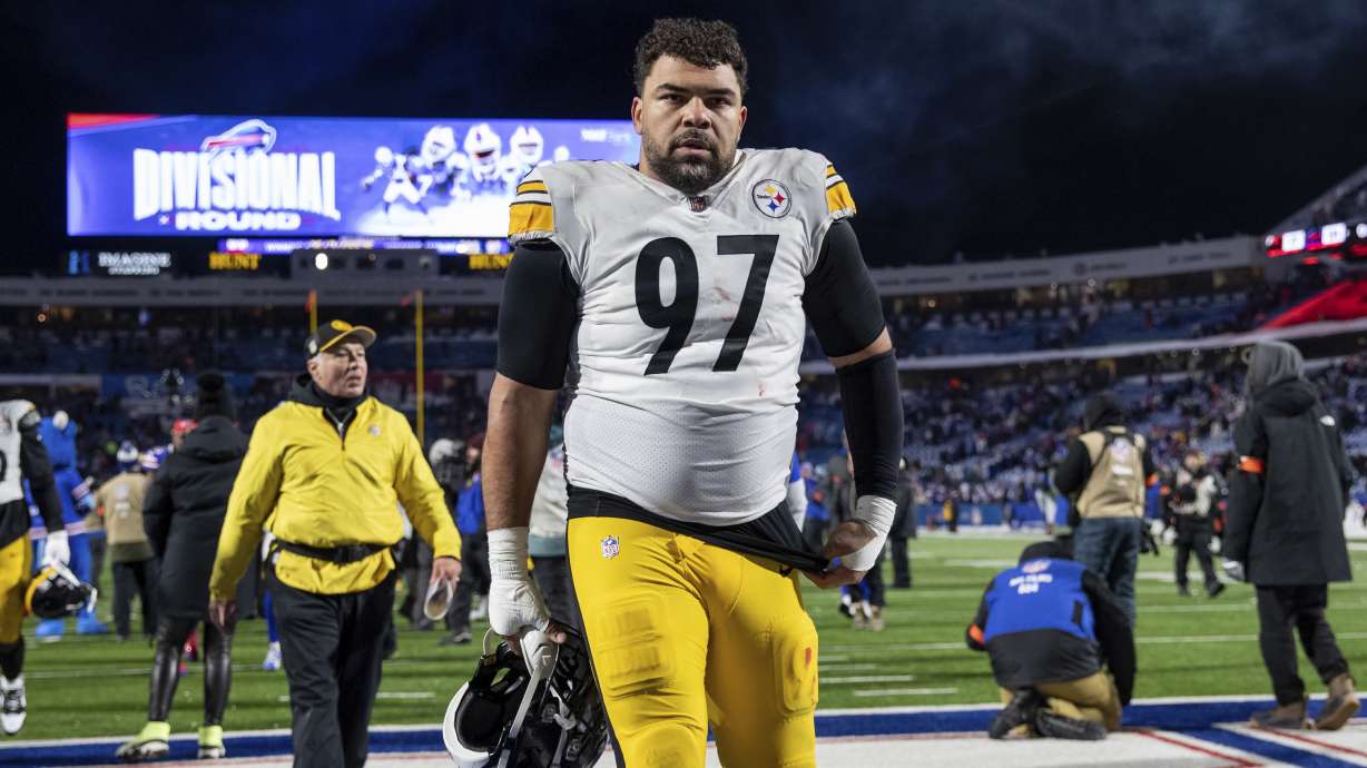 FILE - Pittsburgh Steelers defensive tackle Cameron Heyward (97) walks off the field after an NFL wild-card playoff football game, Monday, Jan. 15, 2024, in Orchard Park, NY.