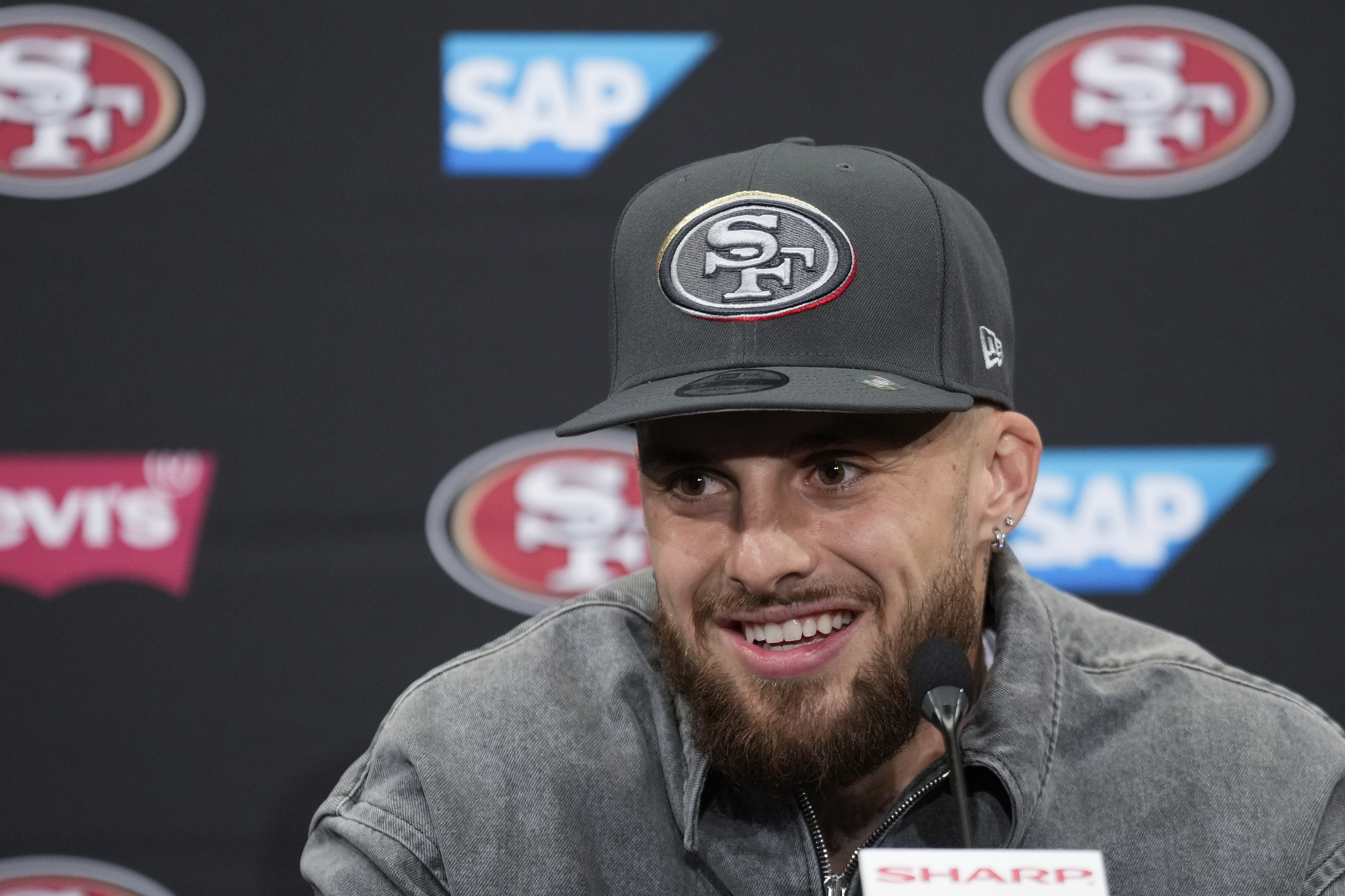 FILE - San Francisco 49ers first round draft pick Ricky Pearsall speaks at an NFL football news conference, April 26, 2024, at the team's facility in Santa Clara, Calif. 