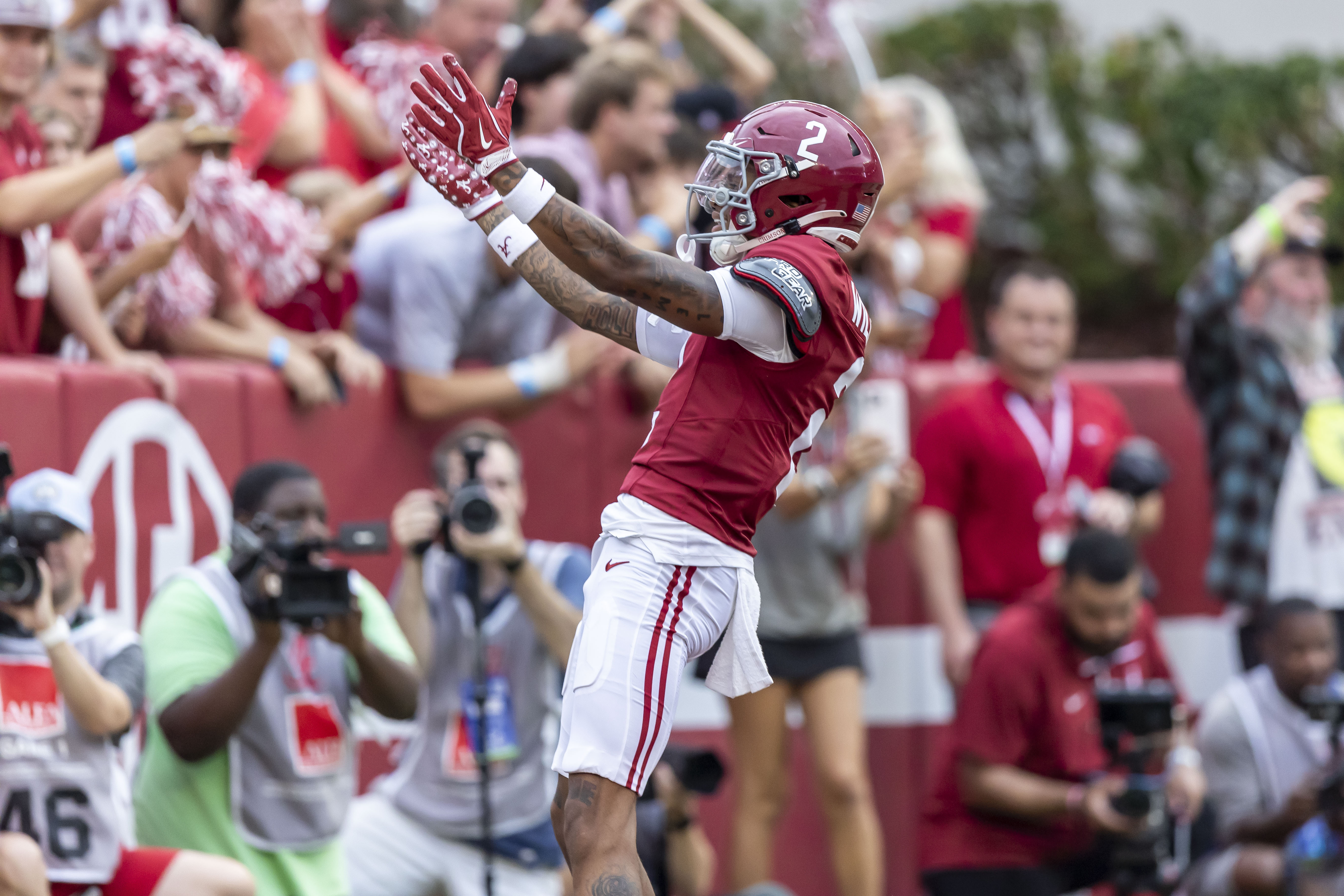 Alabama wide receiver Ryan Williams (2) celebrates his 84-yard touchdown reception against Western Kentucky during the first half of an NCAA college football game, Saturday, Aug. 31, 2024, in Tuscaloosa, Ala. 