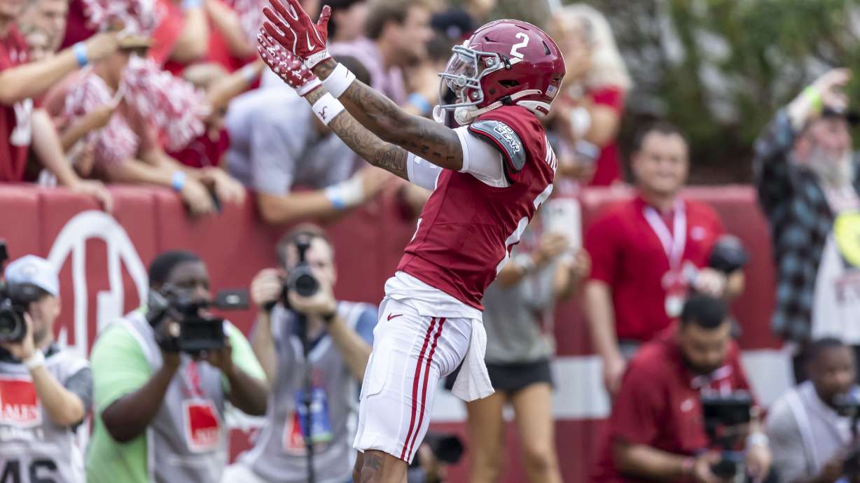 Alabama wide receiver Ryan Williams (2) celebrates his 84-yard touchdown reception against Western Kentucky during the first half of an NCAA college football game, Saturday, Aug. 31, 2024, in Tuscaloosa, Ala.
